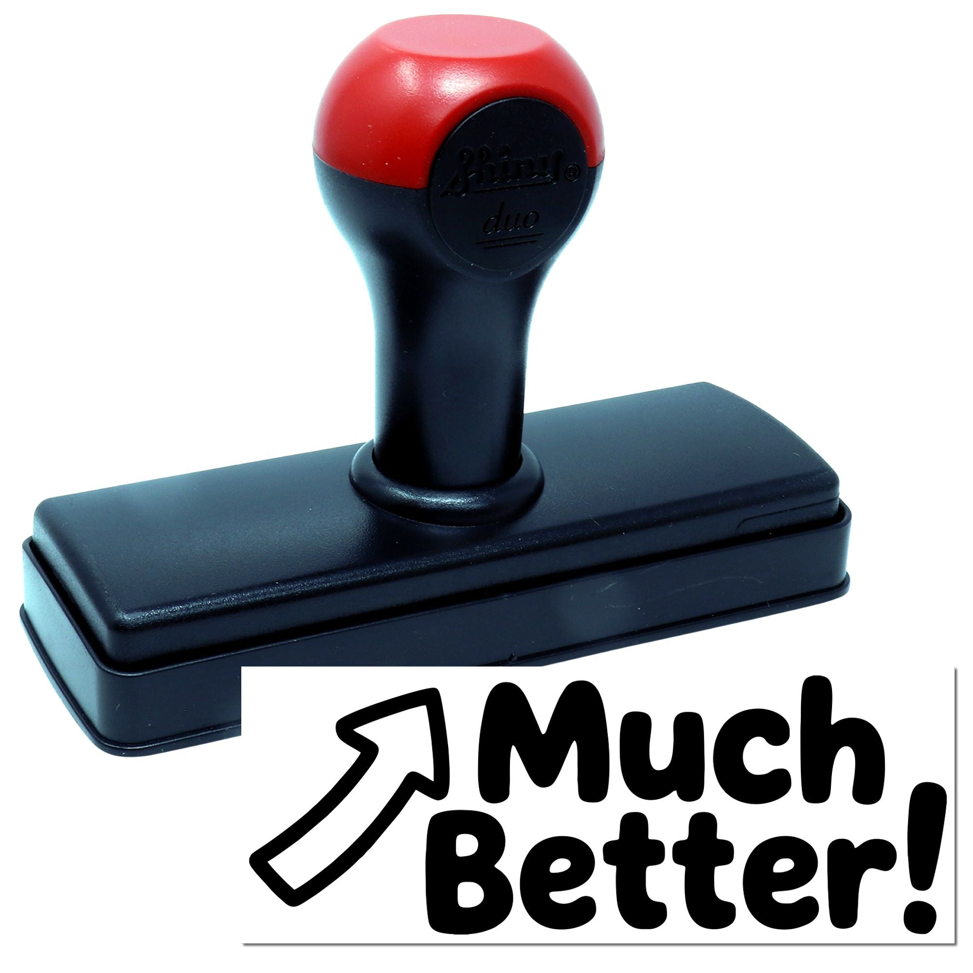 Red and black self-inking stamp seal with rectangular base and round handle, shown with bold Much Better! branding.
