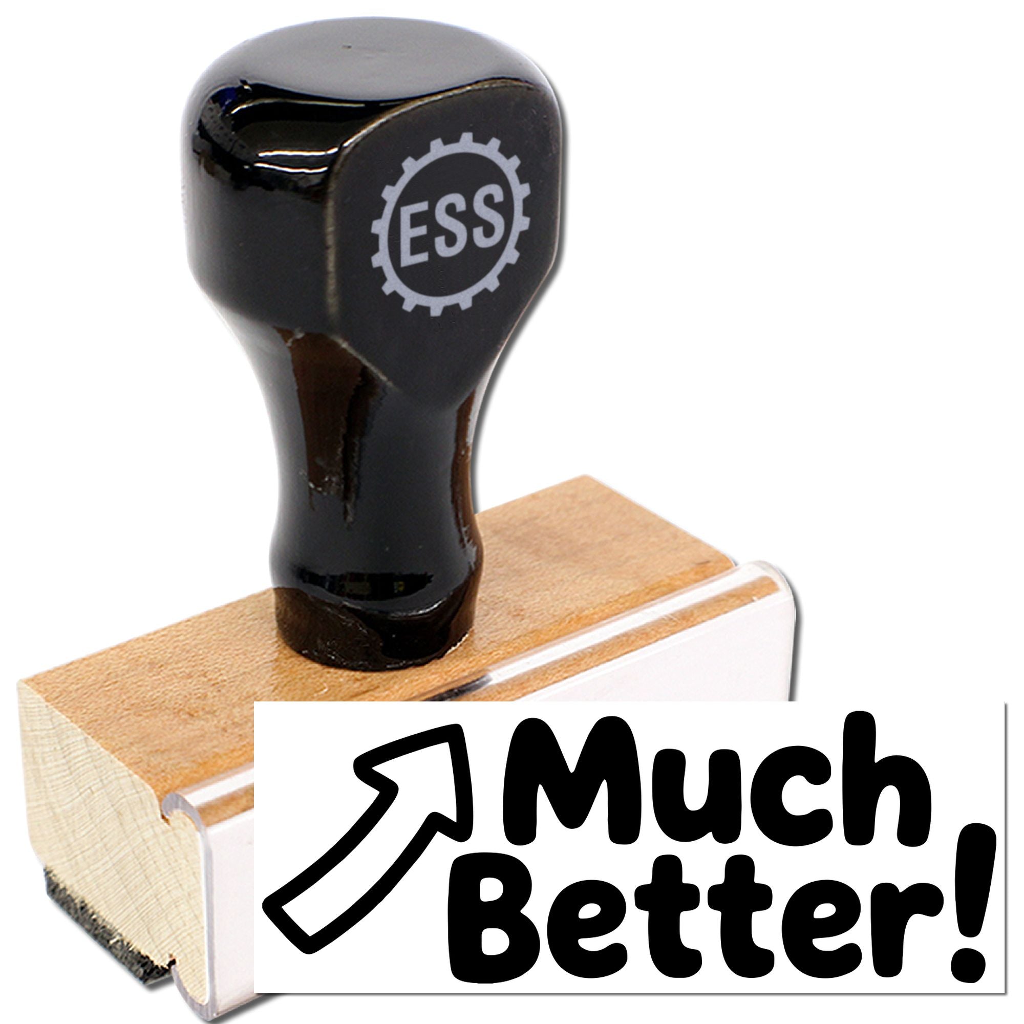 Black rubber stamp with wooden base and Much Better! seal, featuring an ESS logo on the handle.