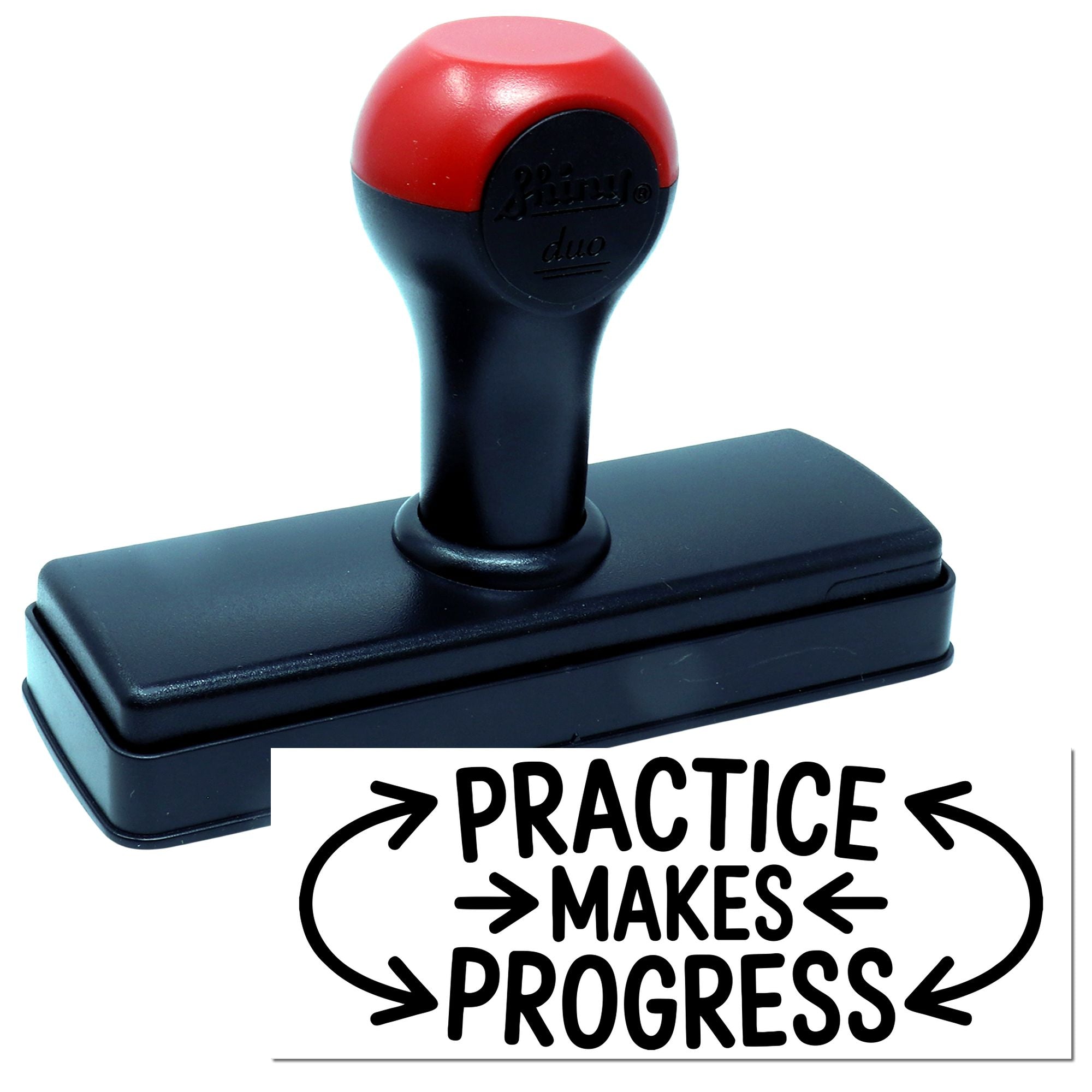 Red and black self-inking stamp and seal with Practice Makes Progress text.