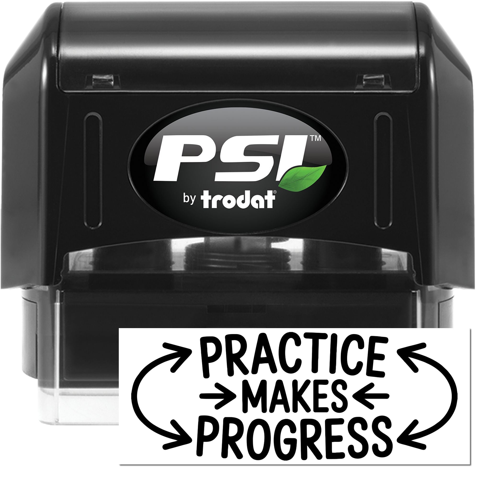 Black PSI by Trodat self-inking stamp and seal with green leaf logo and white Practice Makes Progress imprint.