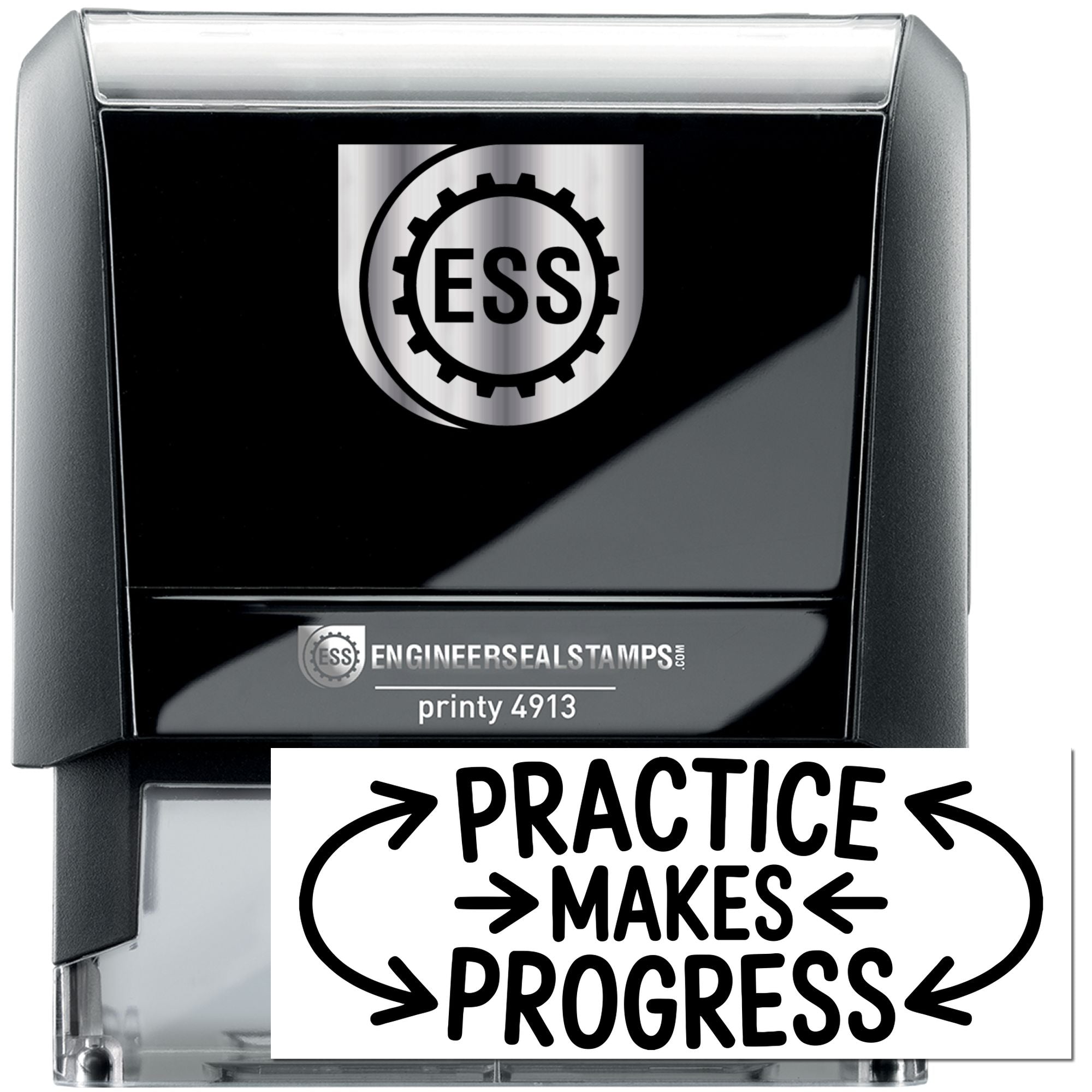 Black self-inking ESS stamp and seal set with silver trim, gear logo, and Practice Makes Progress print.
