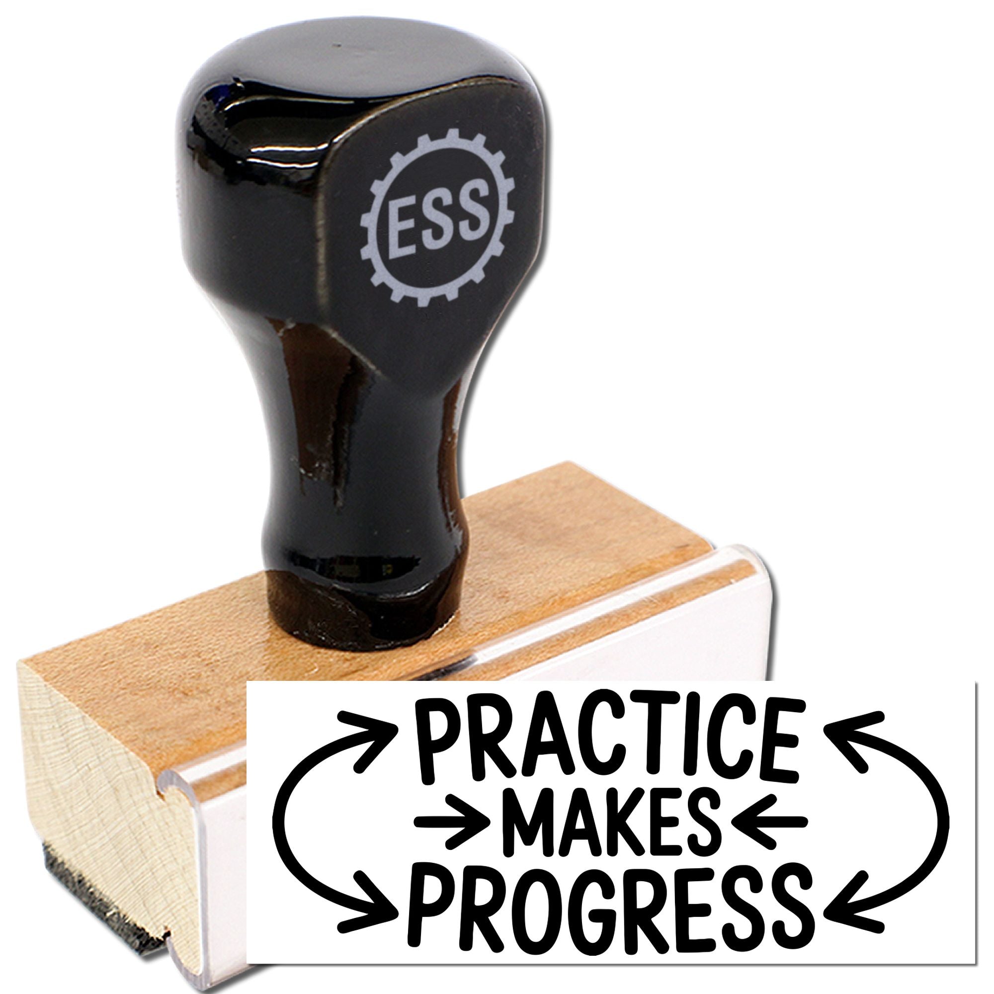 Black ESS practice stamp and wooden seal block with Practice Makes Progress in bold black text on white.