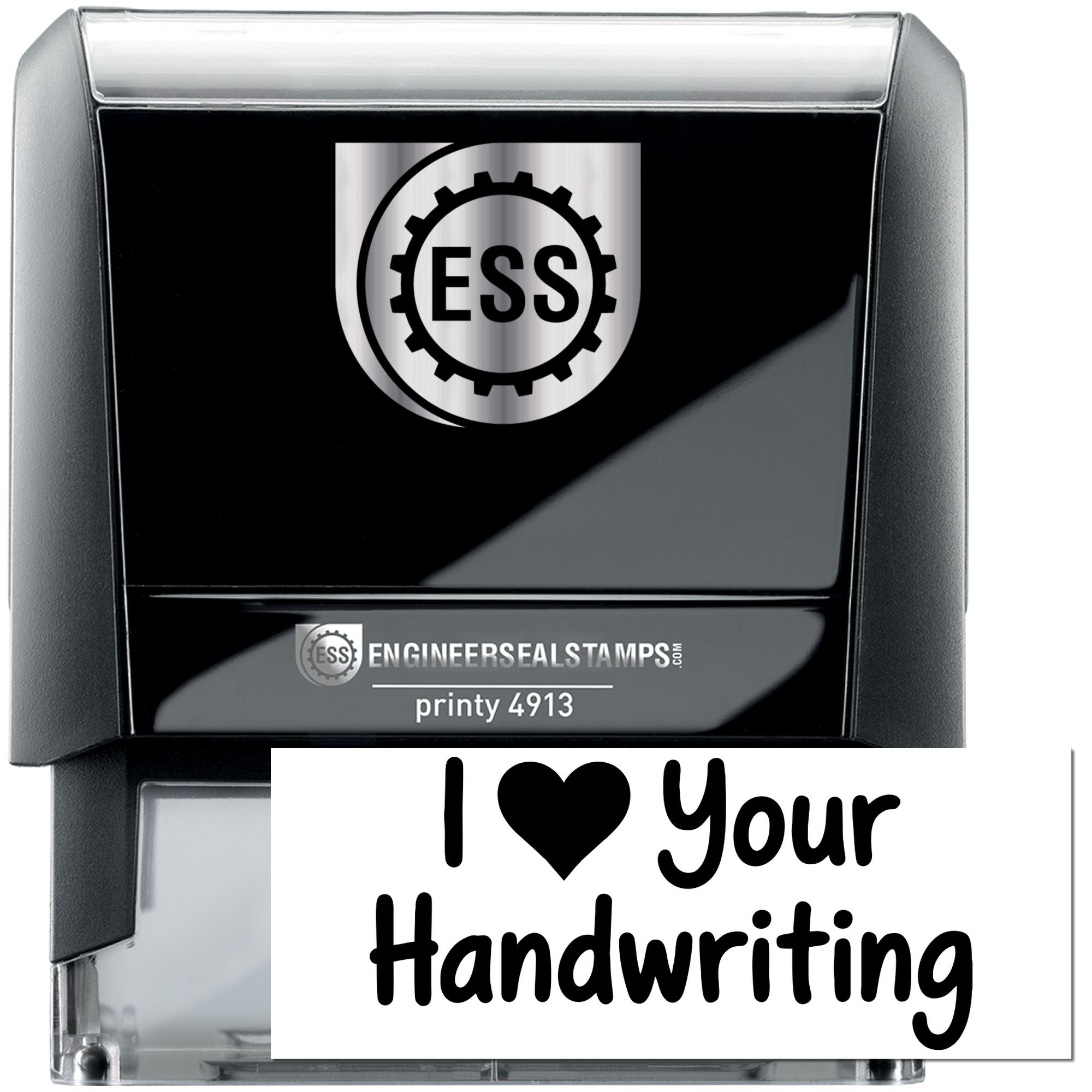 Black and silver ESS self-inking stamp and seal with gear logo, showing I ? Your Handwriting text.