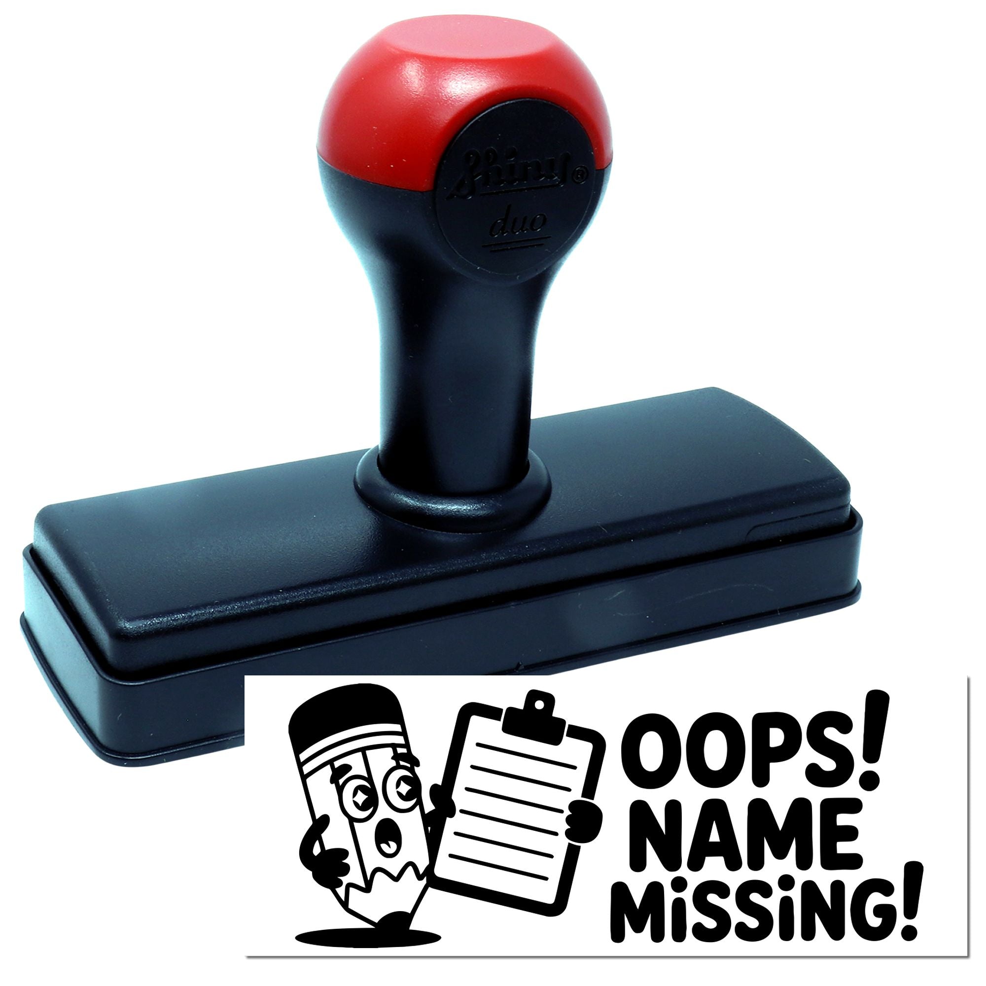 Black and red self-inking stamp with rectangular base and seal graphic reading OOPS! NAME MISSING!