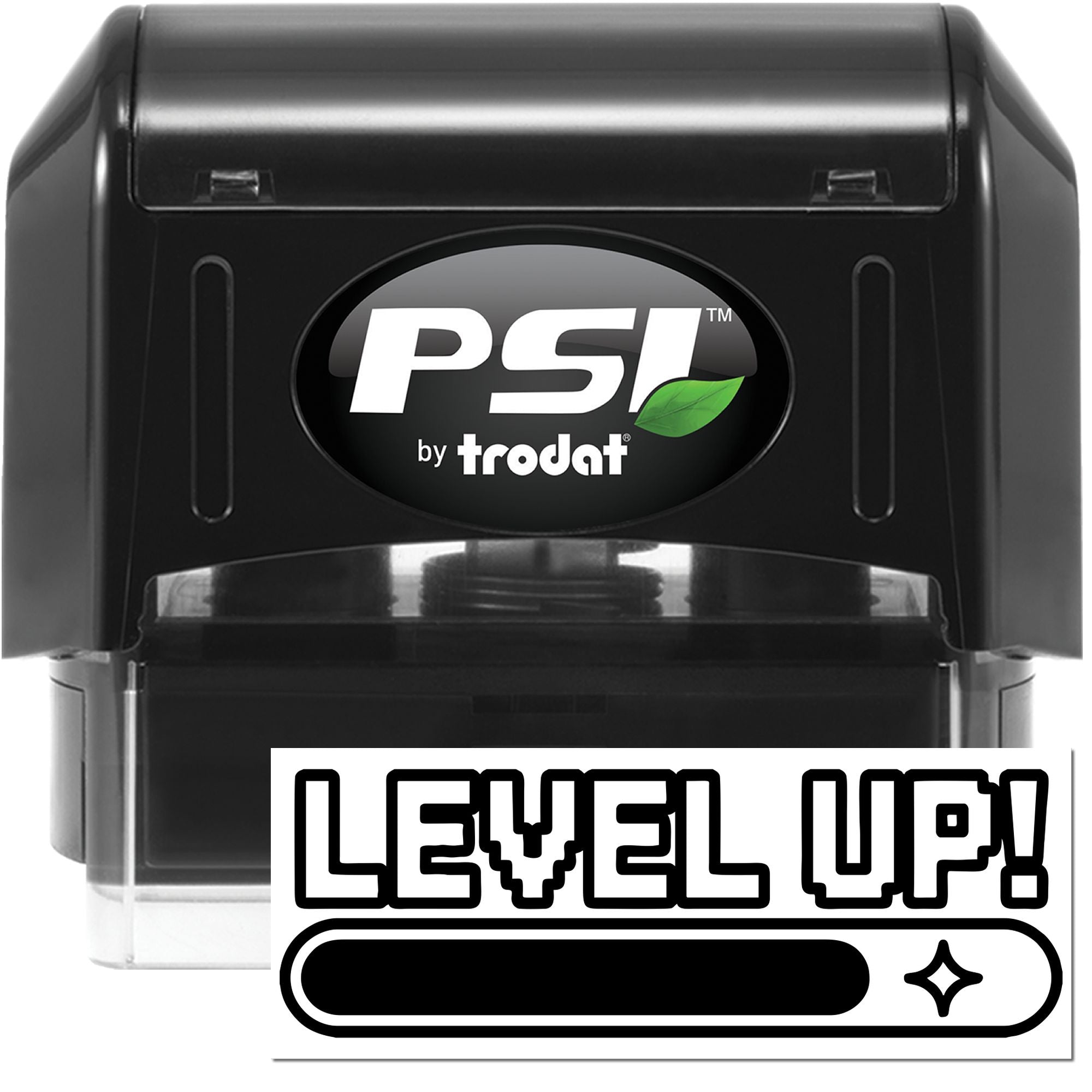 Black PSI by Trodat self-inking stamp with green leaf logo and Level Up seal insert on white background