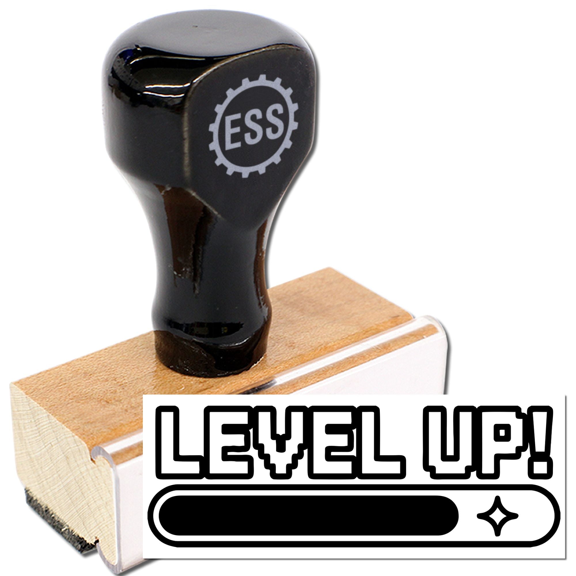 Black ESS rubber stamp on a wooden base with bold Level Up! seal design on a white background.