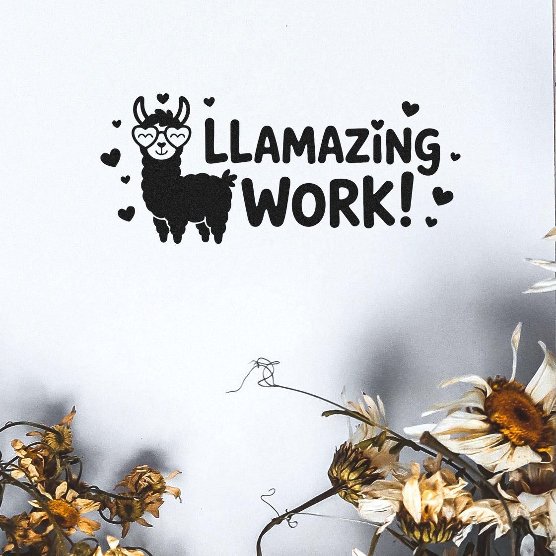 Black llama stamp with hearts and LLAMAZING WORK! text in bold black on white, playful appreciation seal.