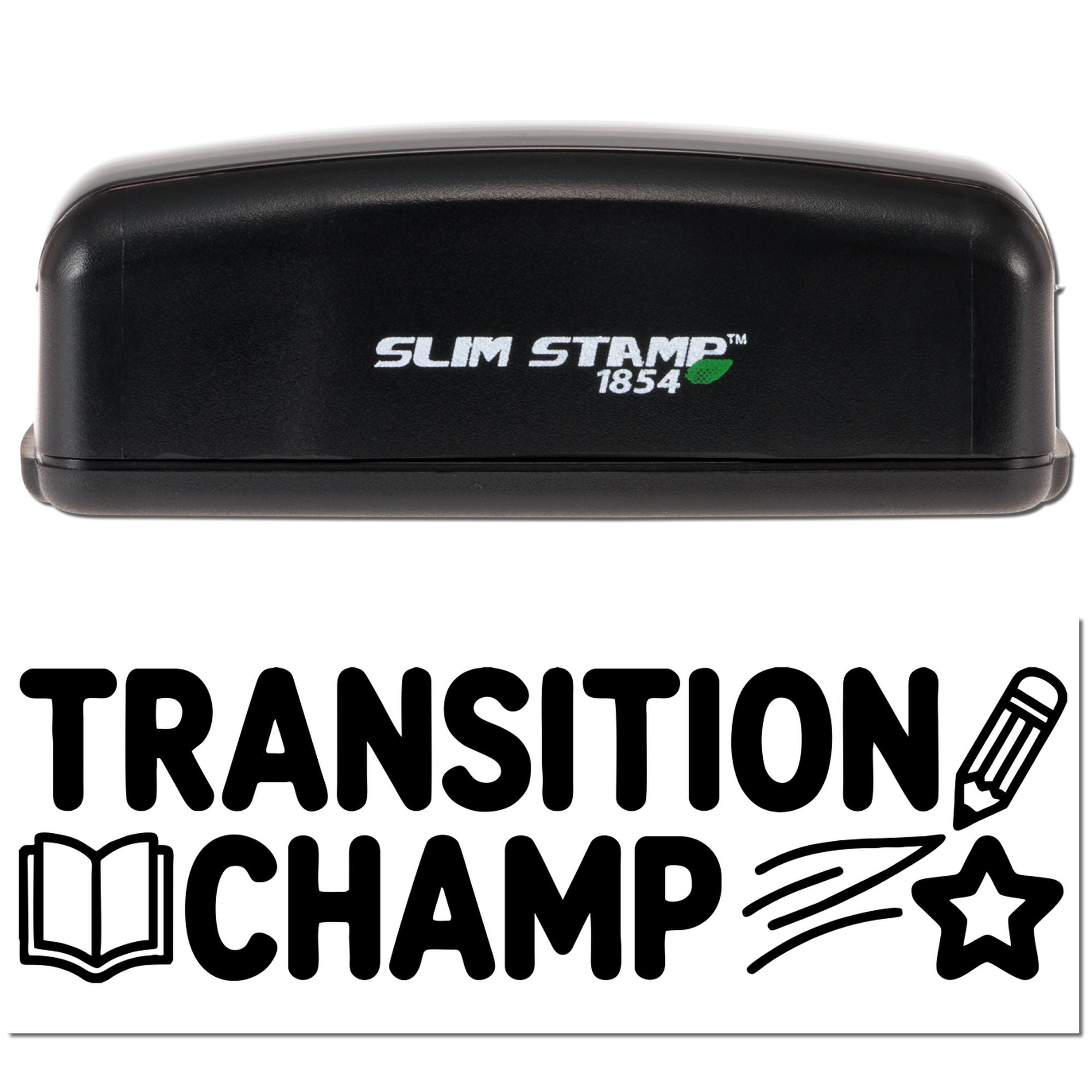 Black Slim Stamp 1854 self-inking stamp with bold black Transition Champ logo on a white background.