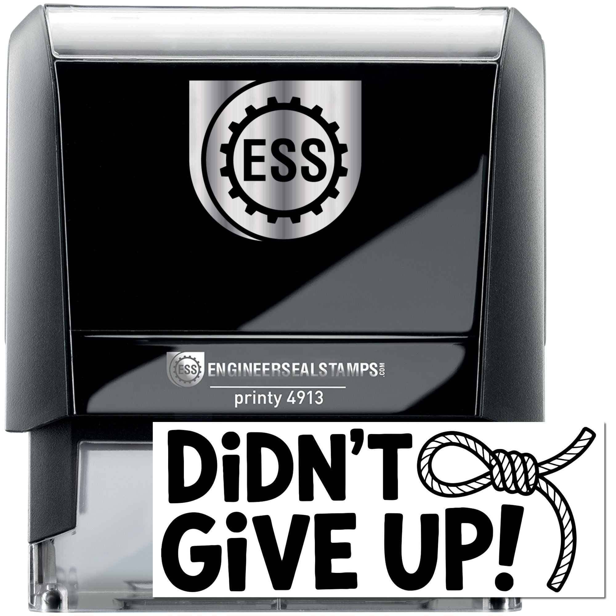 Black self-inking engineer seal stamp with silver ESS logo and Didnt Give Up! design on a Printy 4913 stamp