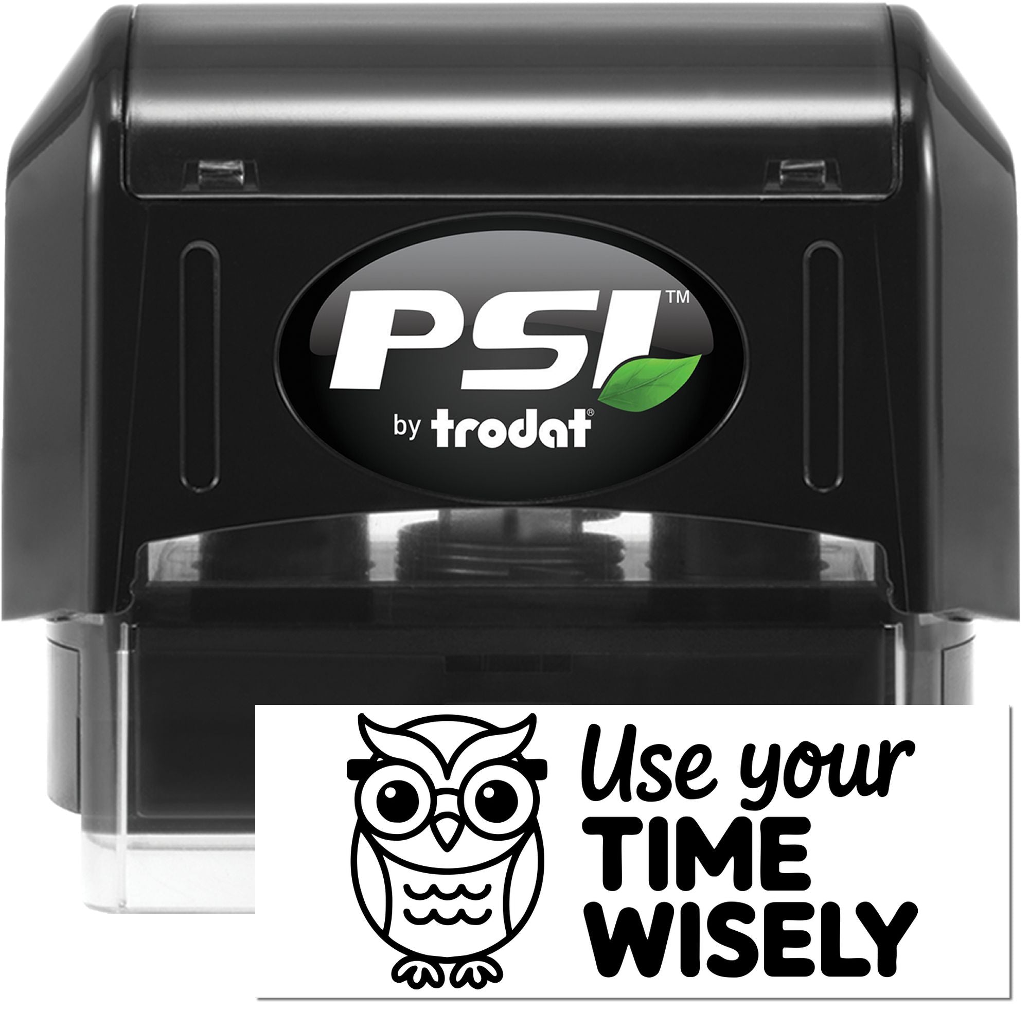 Black PSI by Trodat self-inking stamp with green leaf logo and white seal card reading Use your time wisely