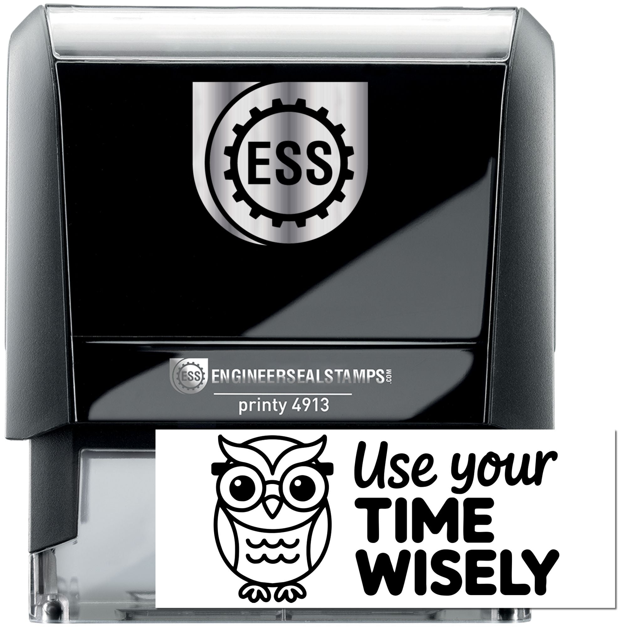 Black and silver self-inking ESS stamp and seal with gear logo and Printy 4913 branding.