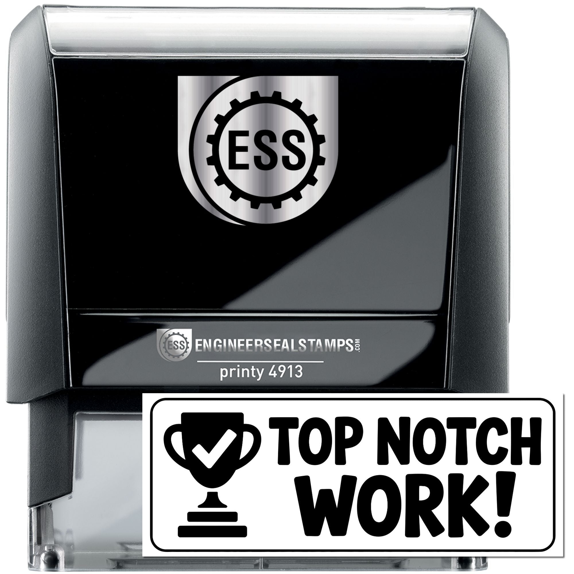 Black self-inking engineer stamp and seal set with silver ESS logo and bold Top Notch Work approval badge