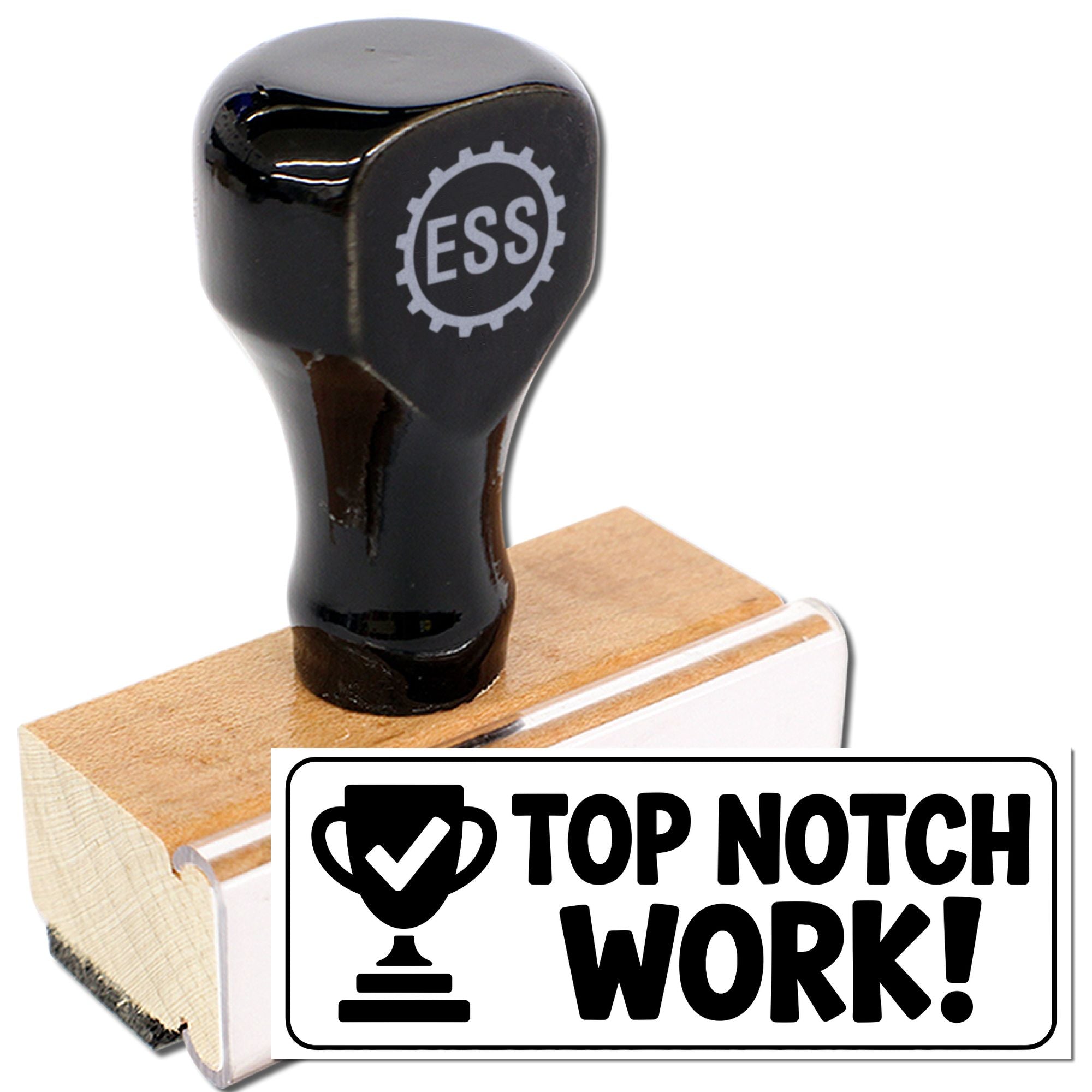 Black ESS rubber stamp on a wooden base with a white Top Notch Work seal design