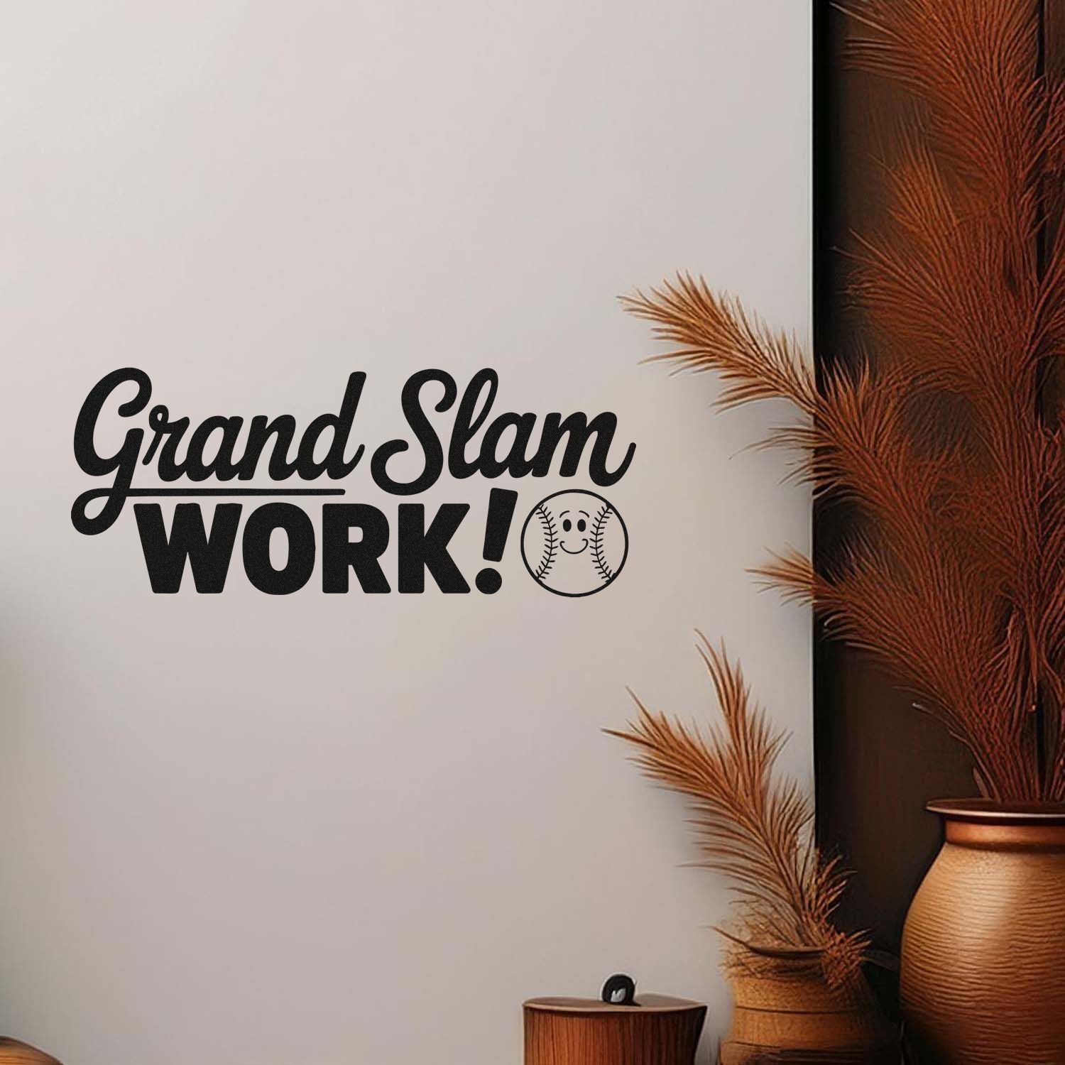 Black Grand Slam WORK! stamp and seal design with baseball icon on cream background, accented by brown dried grasses.