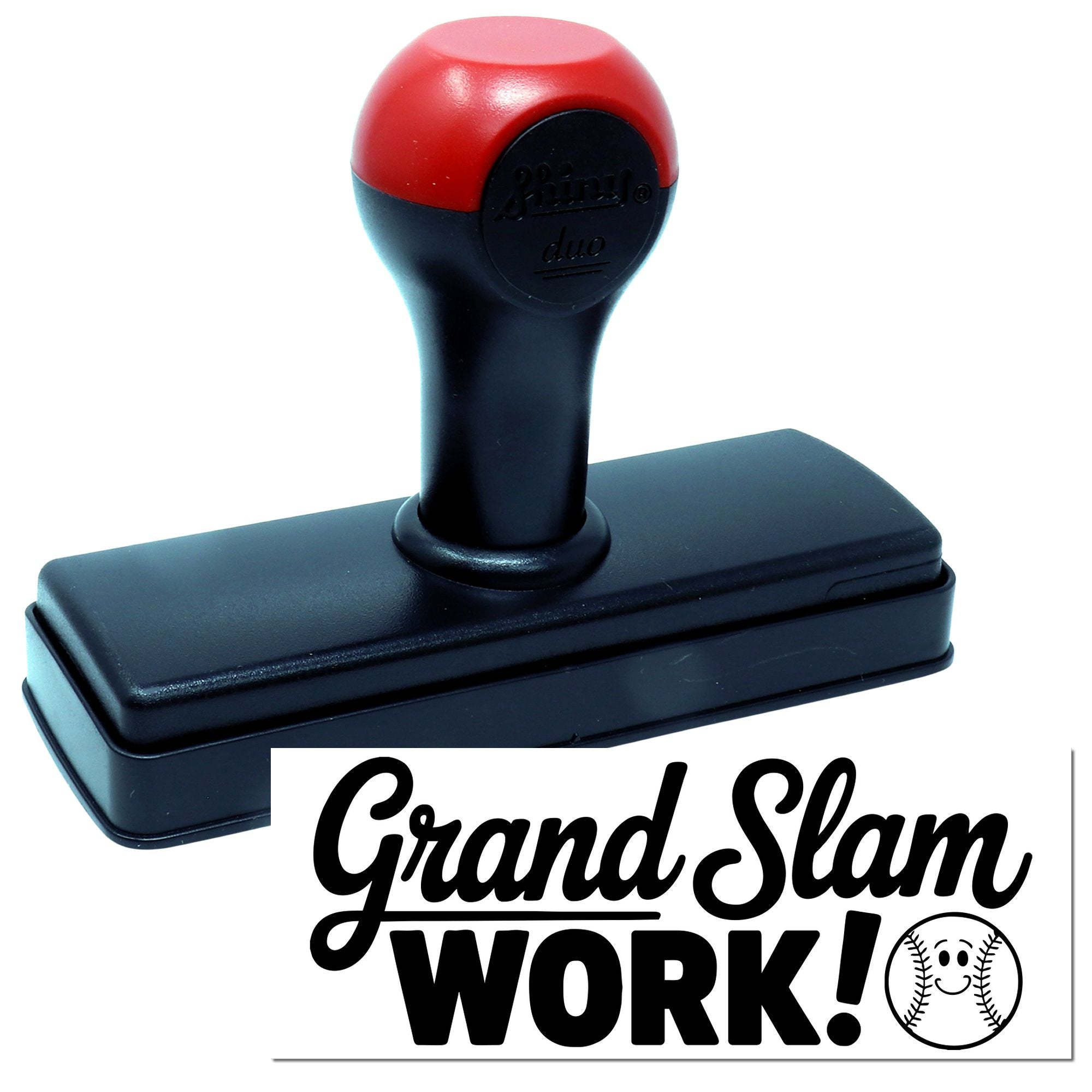 Red-and-black self-inking stamp and seal with Grand Slam WORK! baseball logo on white background