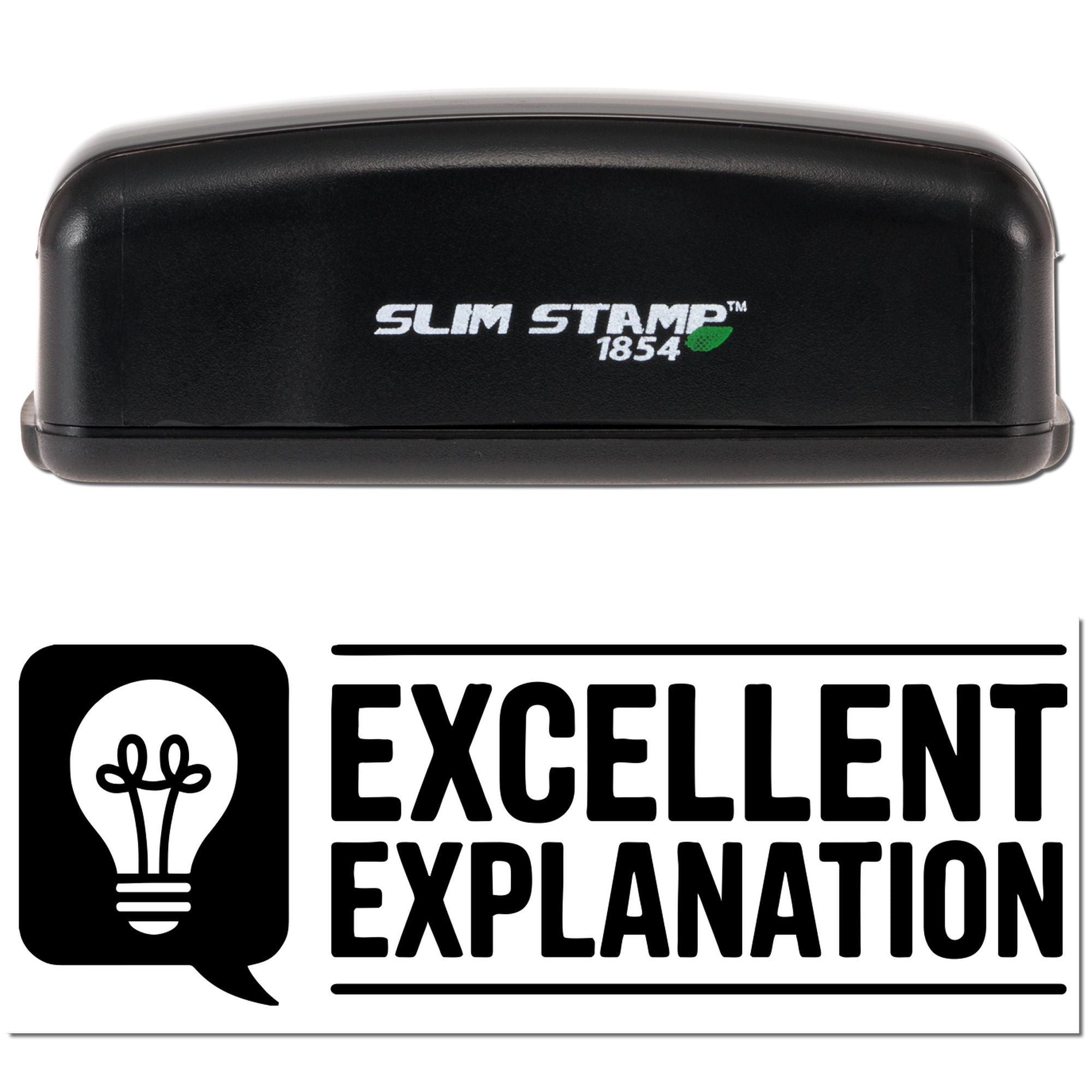 Black Slim Stamp 1854 stamp and seal with Excellent Explanation logo and lightbulb icon on white background