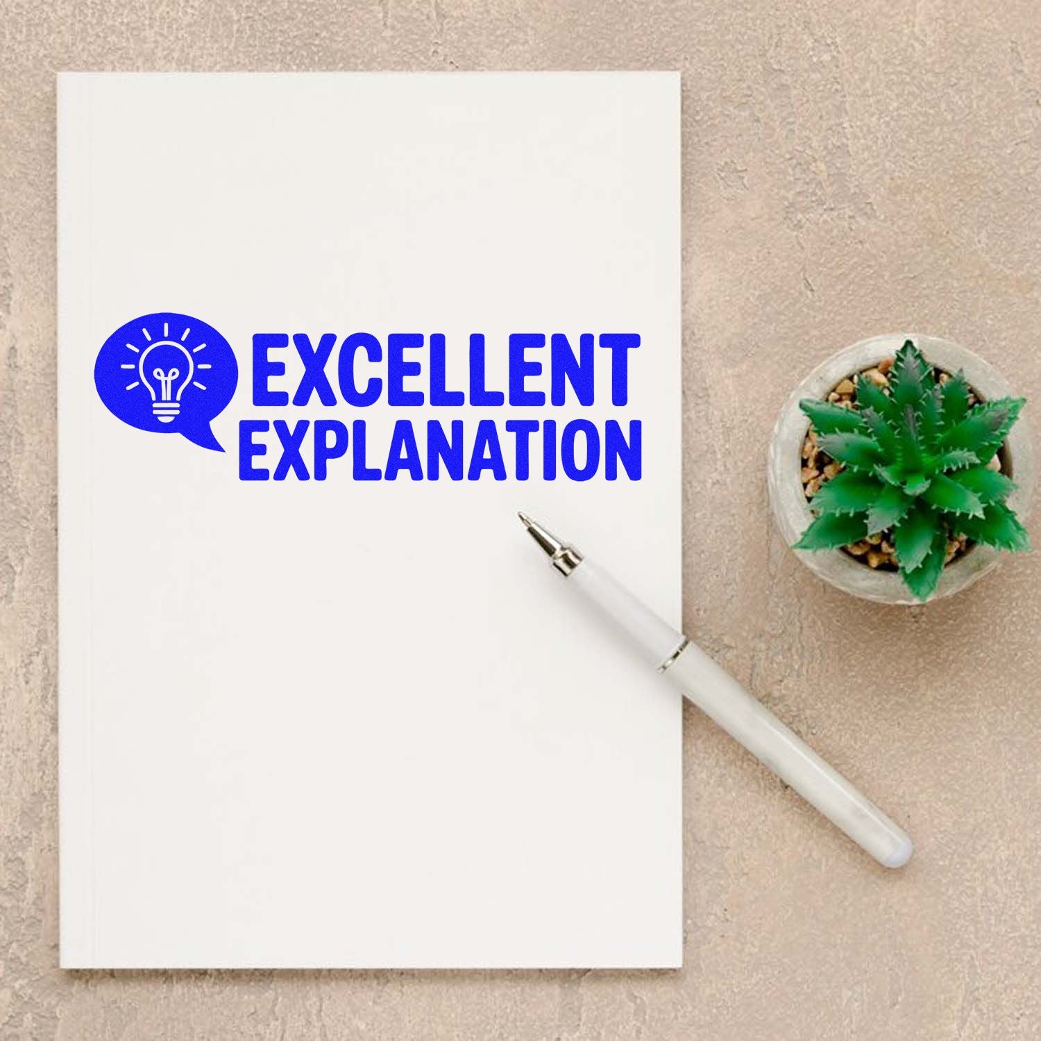 Blue EXCELLENT EXPLANATION stamp on white notebook, with white pen and green succulent; stamp and seal product.