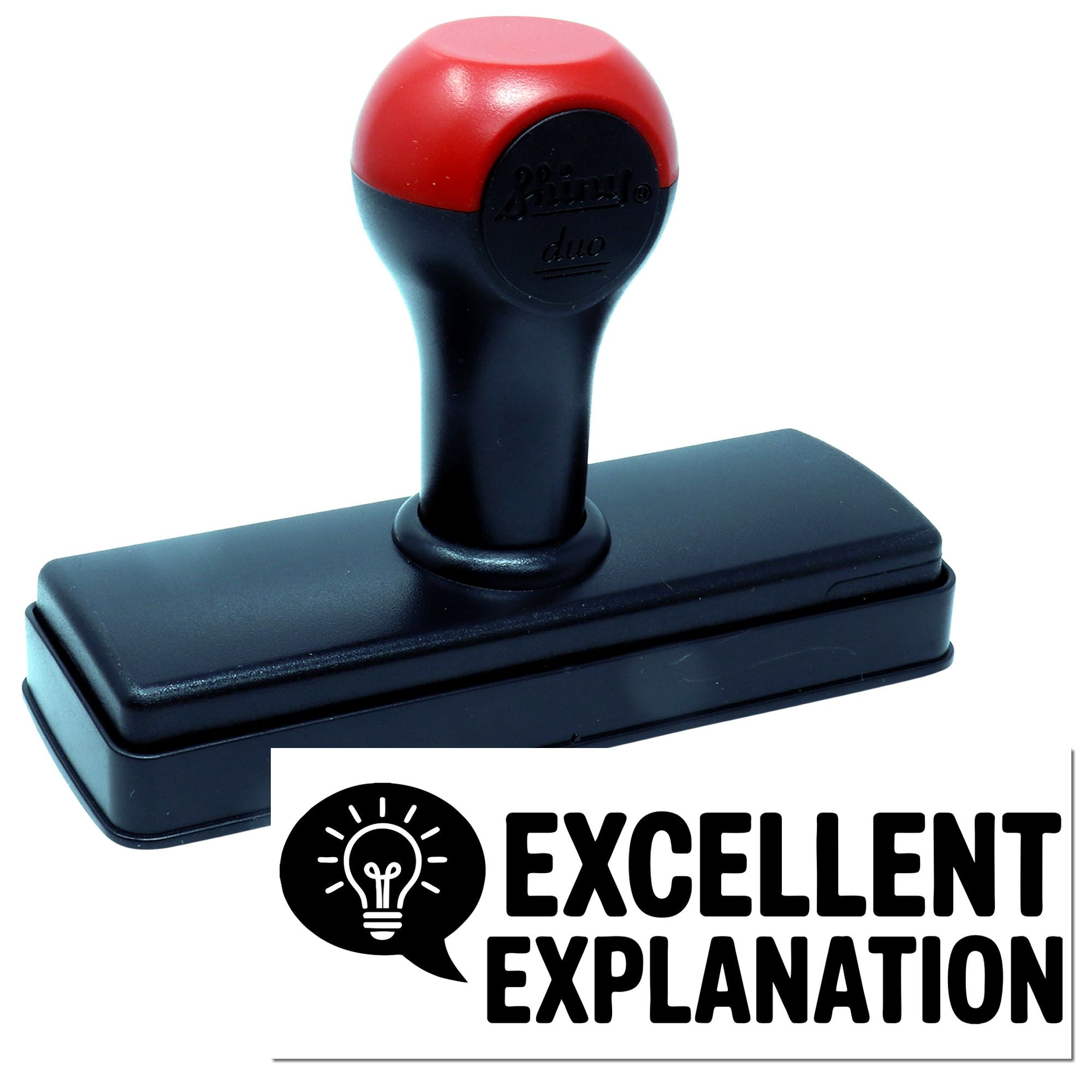 Red and black self-inking stamp and seal with round handle, rectangular base, and Excellent Explanation logo