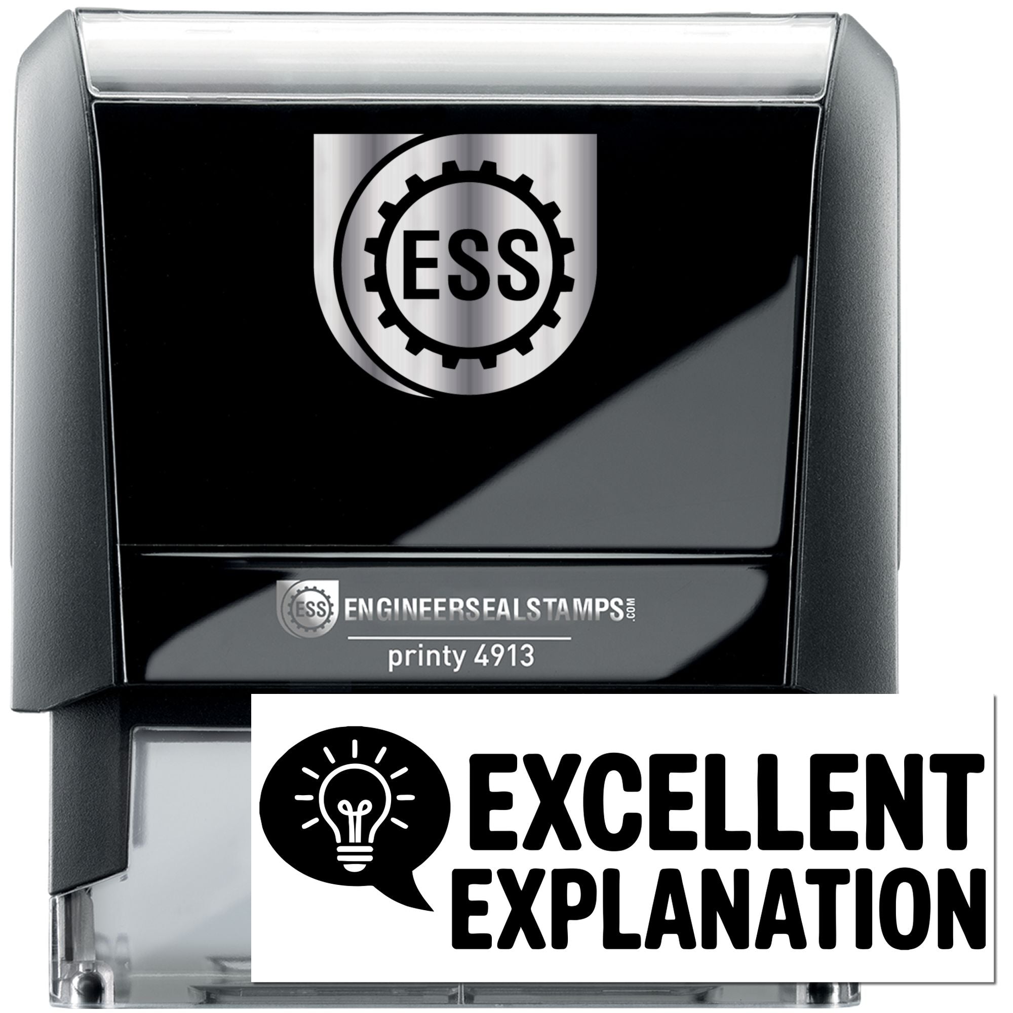 Black self-inking stamp and seal with silver casing, ESS logo, and Excellent Explanation text.