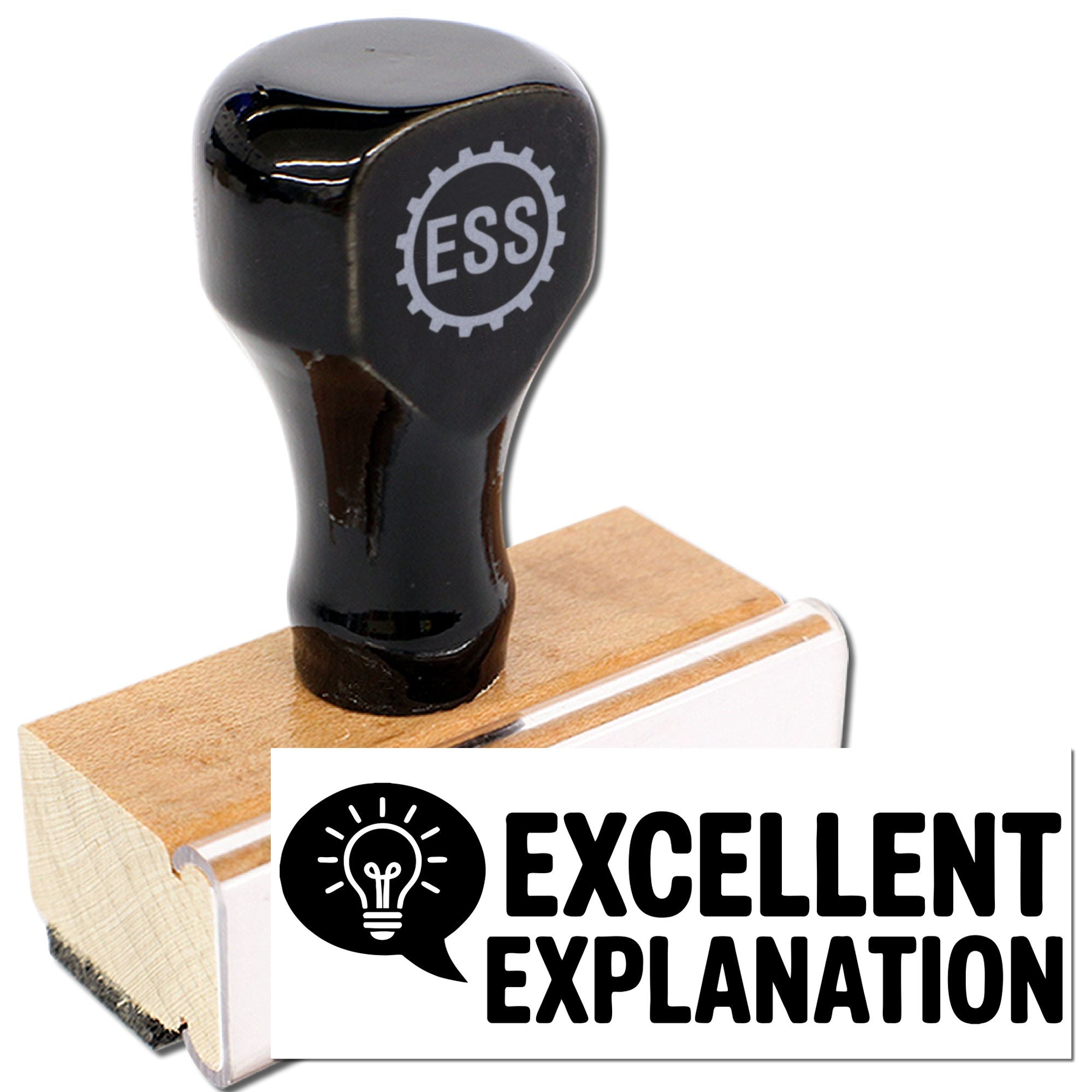 Black ESS stamp and seal product with wooden handle, showing Excellent Explanation in bold black and white.