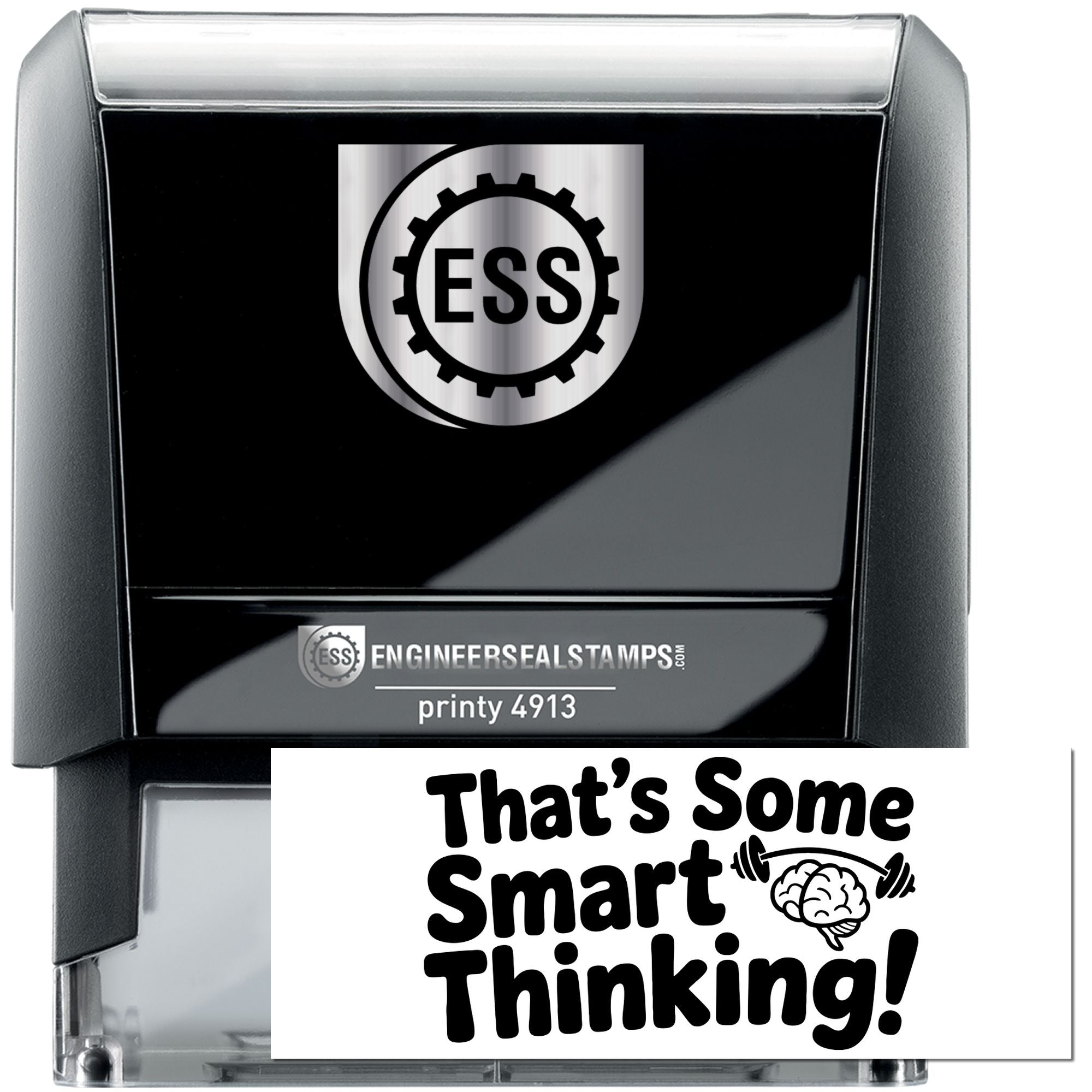 Black self-inking stamp and seal with silver trim, ESS gear logo, and Thats Some Smart Thinking! design.