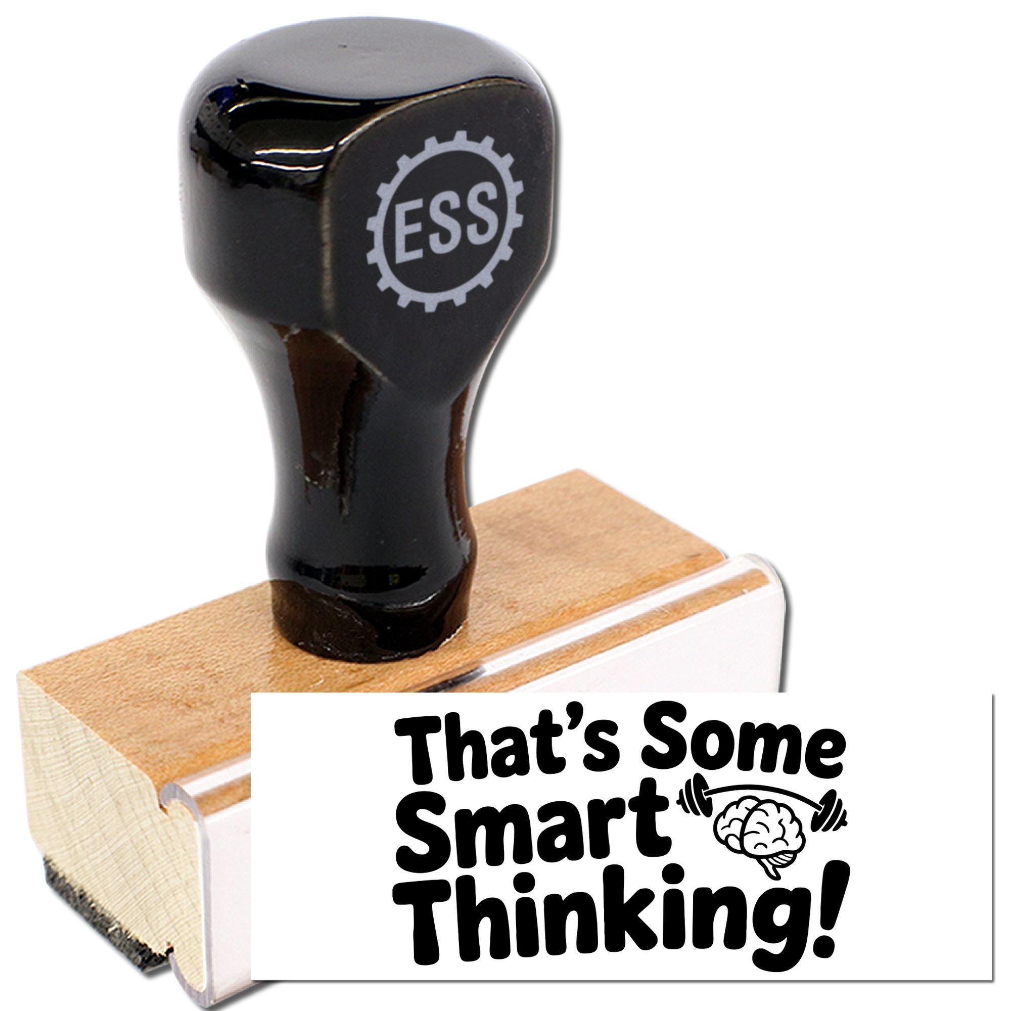Black self-inking stamp and seal with ESS logo, wooden base, and white Thats Some Smart Thinking! impression.