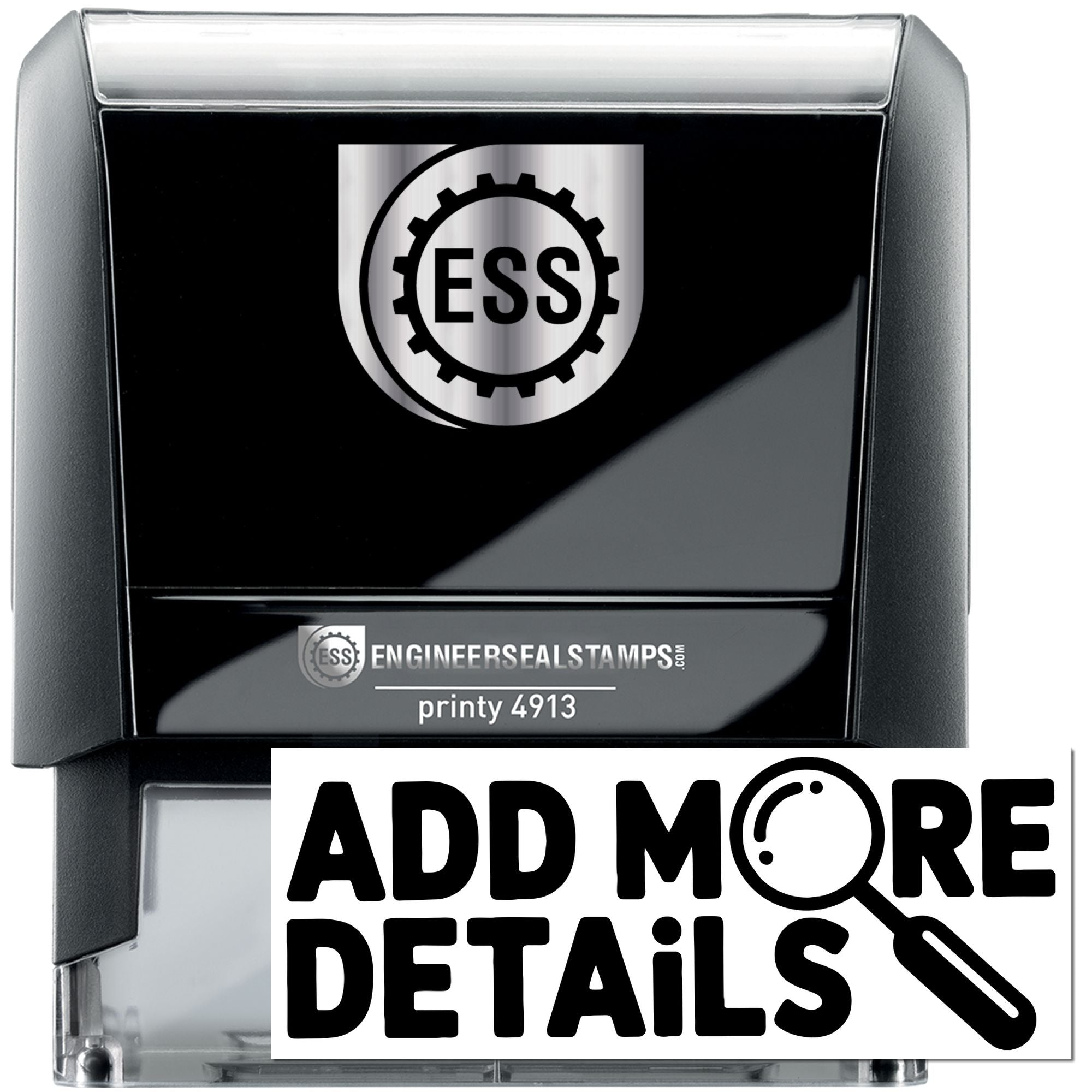 Black and silver ESS engineer seal self-inking stamp with gear logo, printy 4913 label, and Add More Details text.