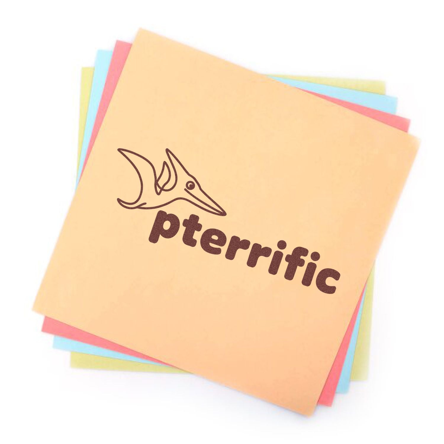 Pterific pterodactyl logo stamp on stacked pastel seal papers in peach, blue, pink, and yellow.