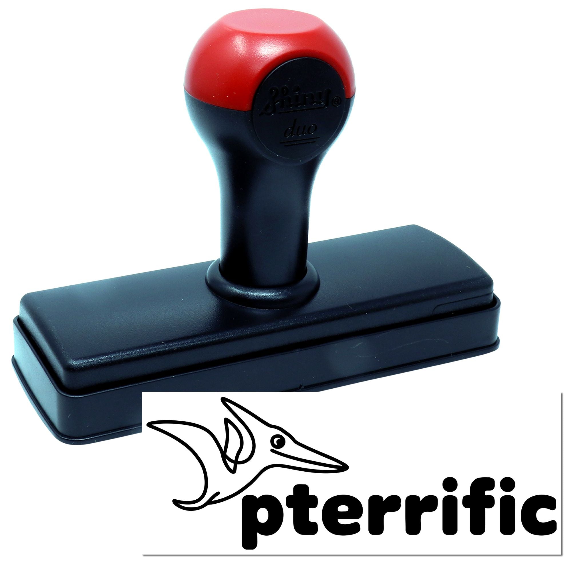 Red and black self-inking stamp and seal with Pterrific logo and bird graphic on white background.