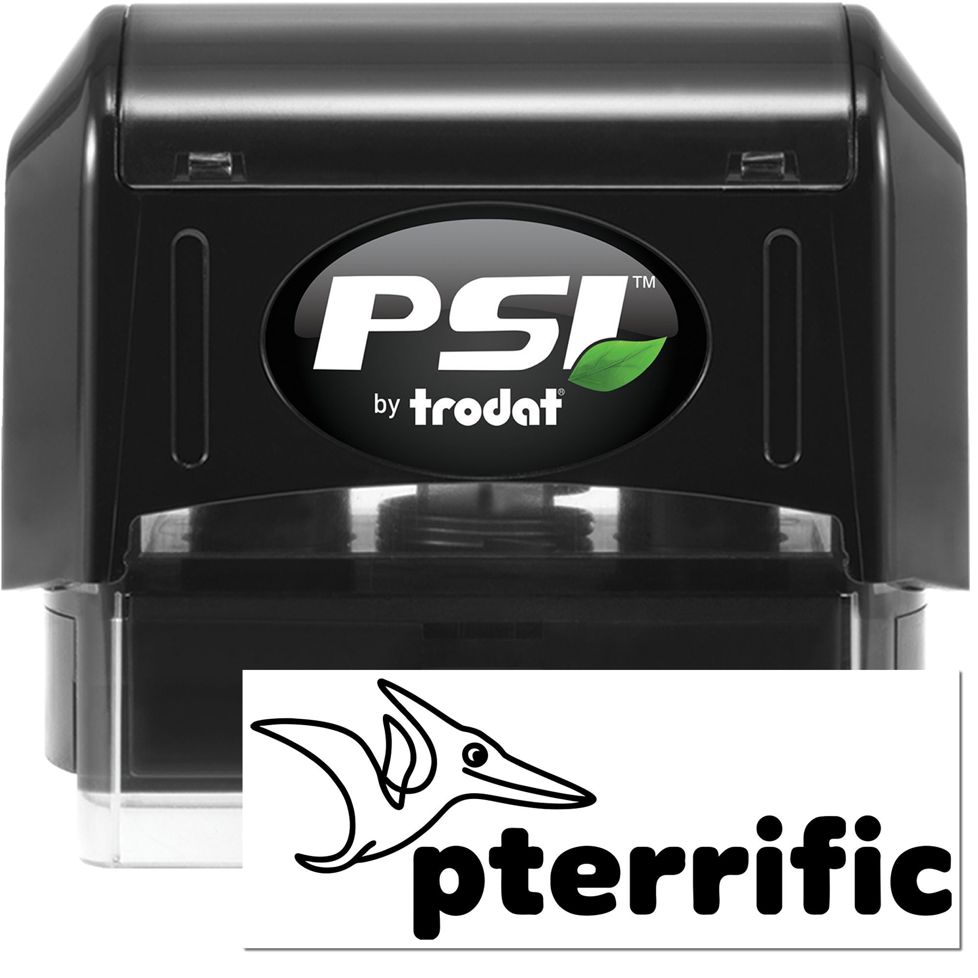 Black PSI by Trodat self-inking stamp and seal, black casing, clear base, white logo insert, and green leaf accent.