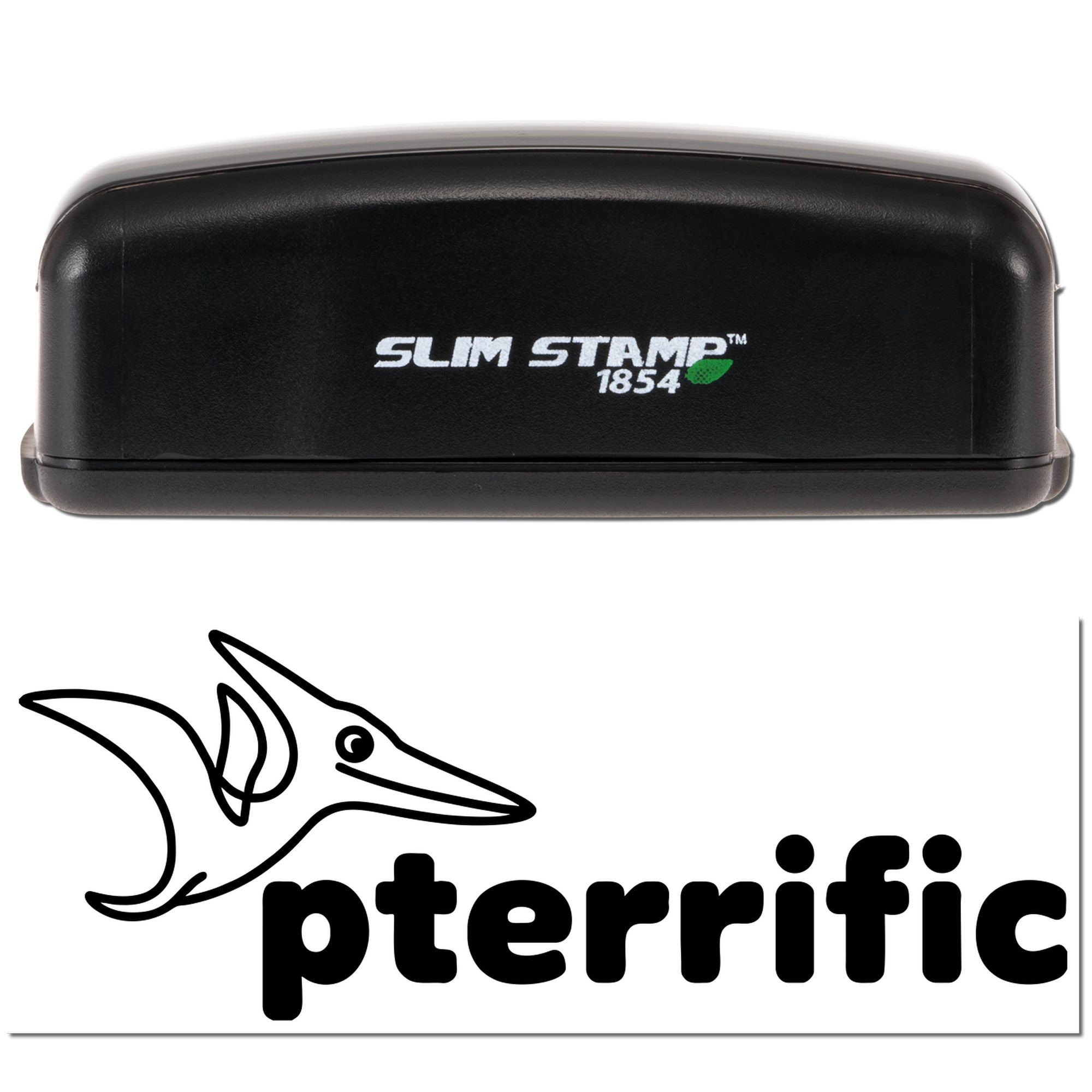 Black Slim Stamp 1854 self-inking stamp and seal with pterrific pterodactyl logo on white background