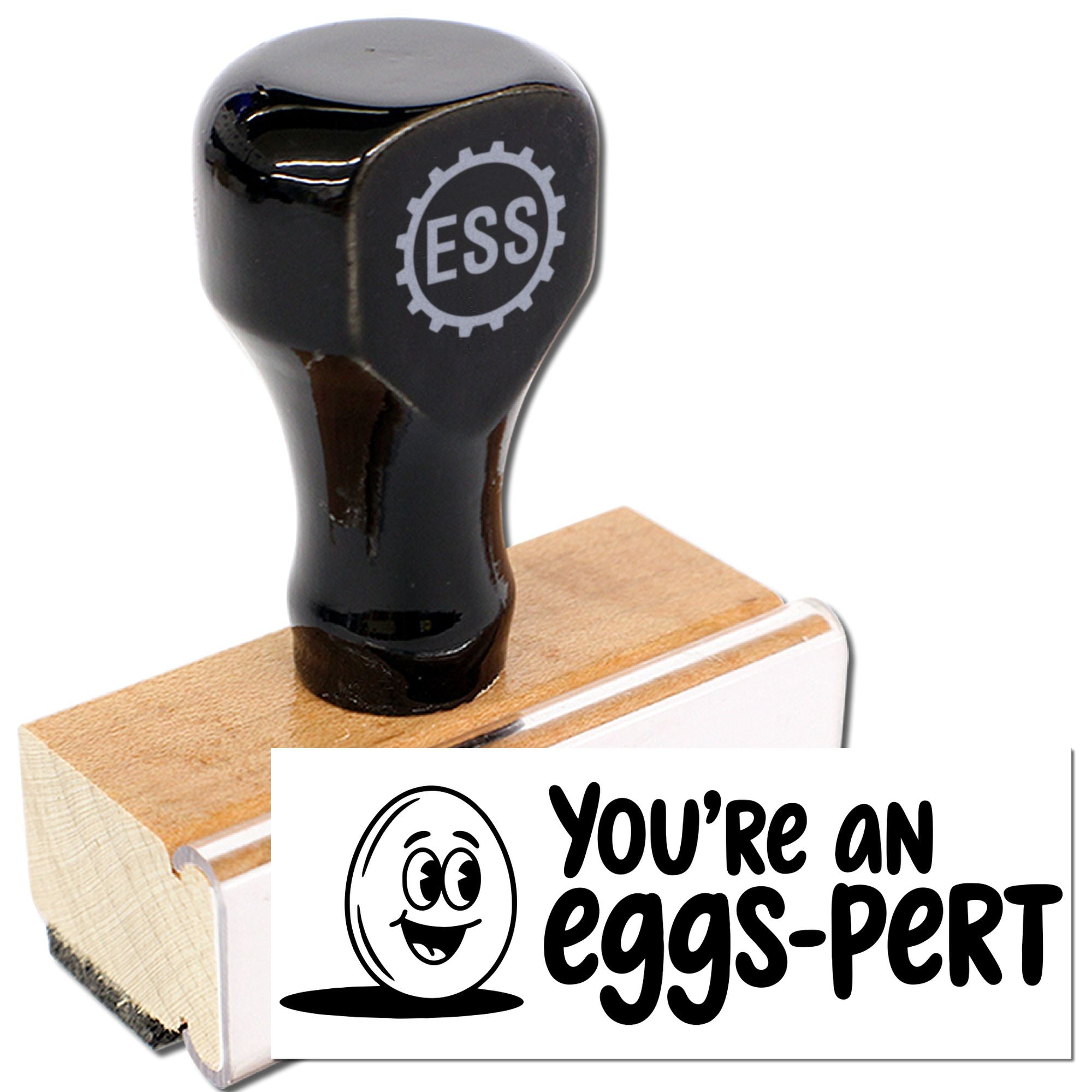 Black custom rubber stamp and seal on wooden base with ESS logo and Youre an eggs-pert design.
