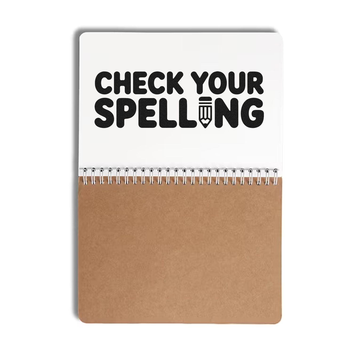 Black Check Your Spelling stamp on a white-and-kraft brown spiral-bound seal product with pencil icon.