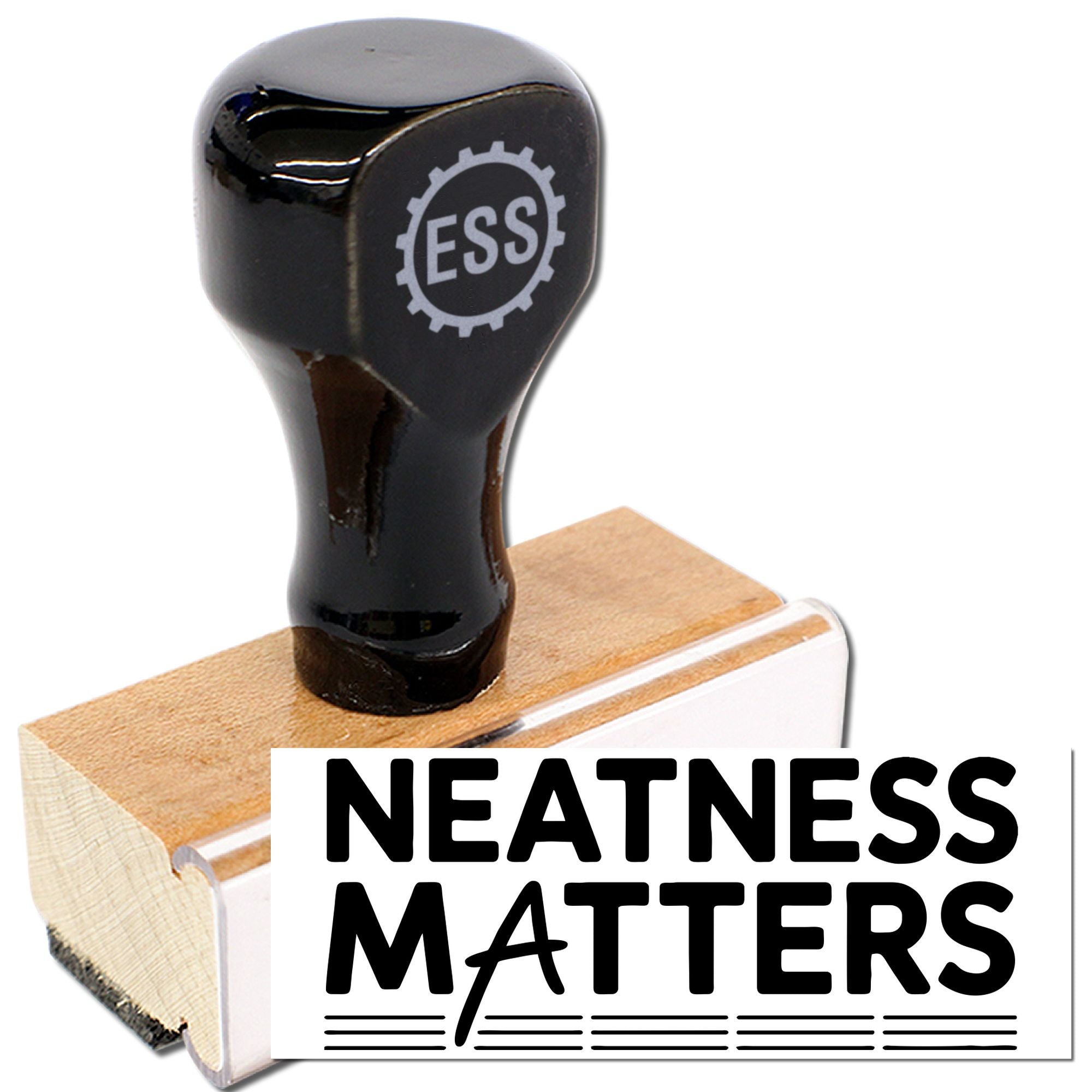 Black custom rubber stamp and seal with ESS logo on wood base, featuring Neatness Matters text.