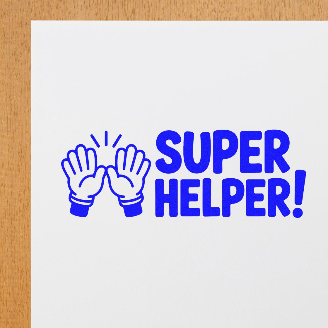 Blue stamp and seal design with clapping hands icon and bold Super Helper! text on white paper