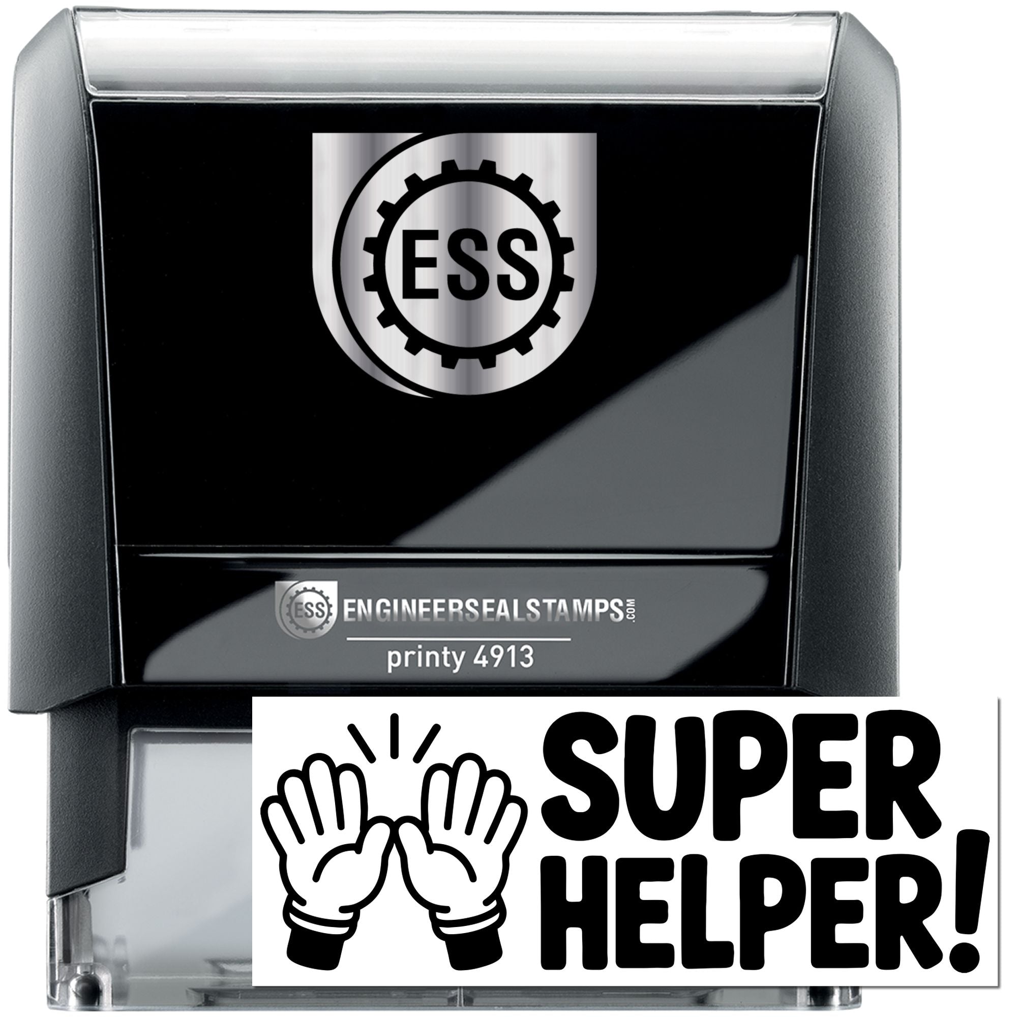 Black self-inking stamp and seal product with silver top, ESS logo, and Super Helper graphic