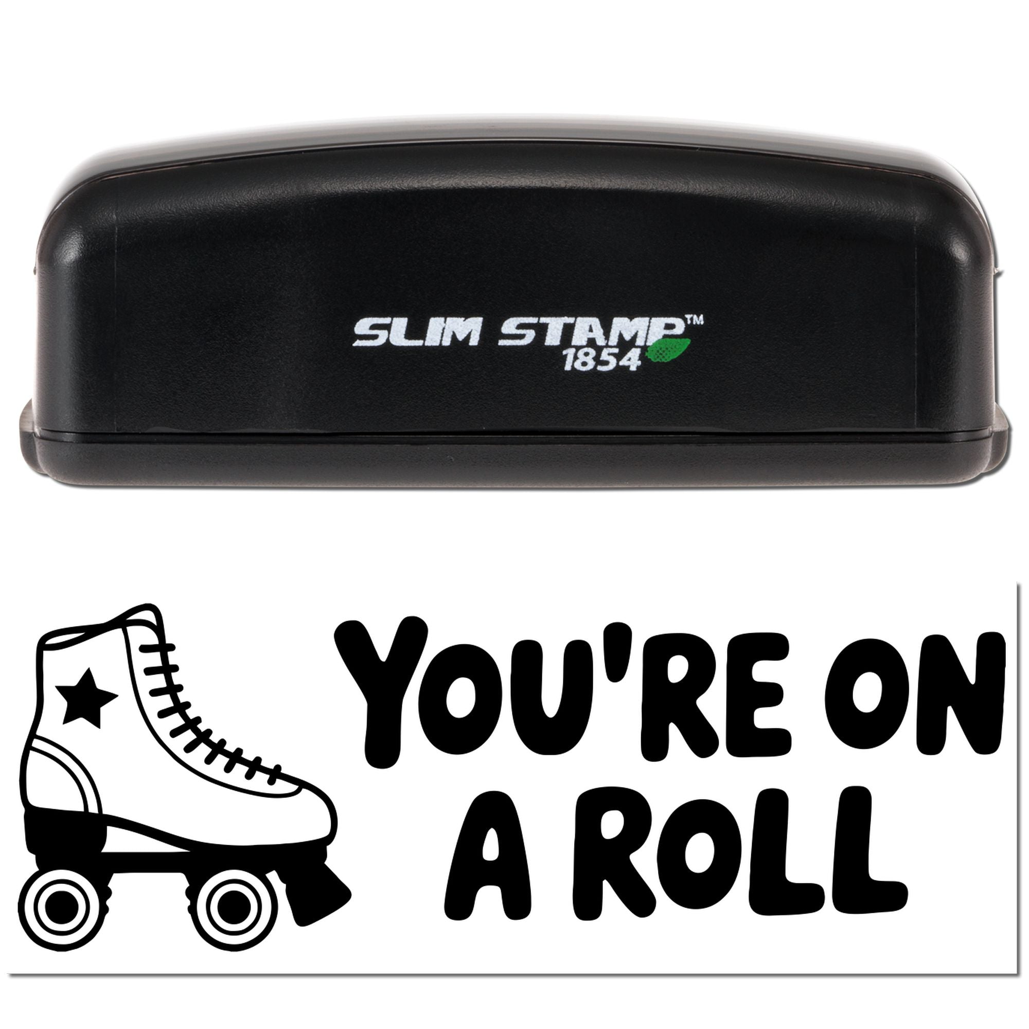 Black Slim Stamp 1854 stamp and seal case with green leaf logo, plus roller skate graphic and Youre on a roll text.