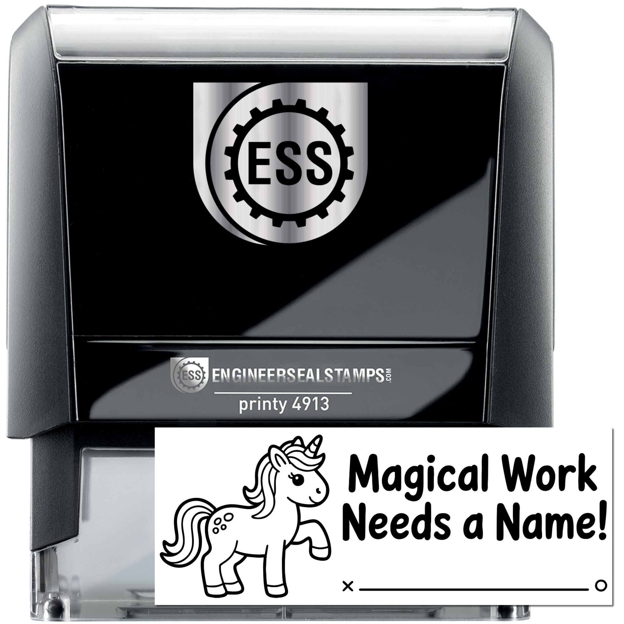 Black and silver self-inking engineer stamp and seal with ESS logo and unicorn Magical Work Needs a Name! name plate