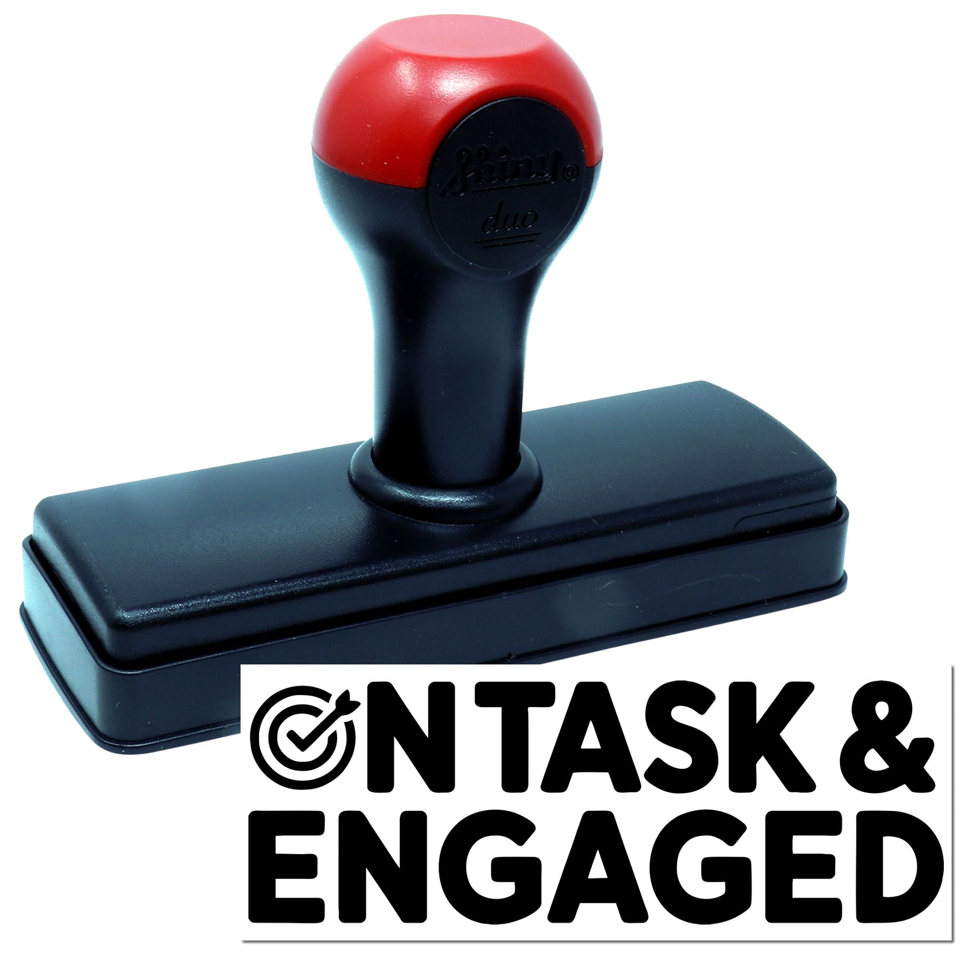 Black and red self-inking seal stamp with rectangular black base and NTASK & ENGAGED label