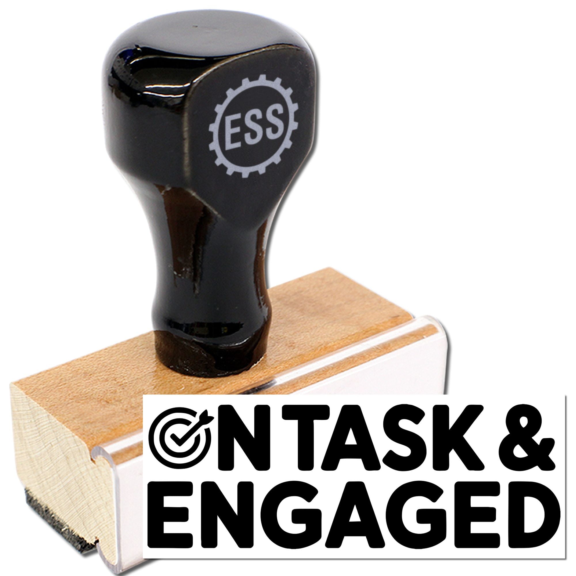 Black ESS stamp and seal handle on a wooden base with white On Task & Engaged imprint.