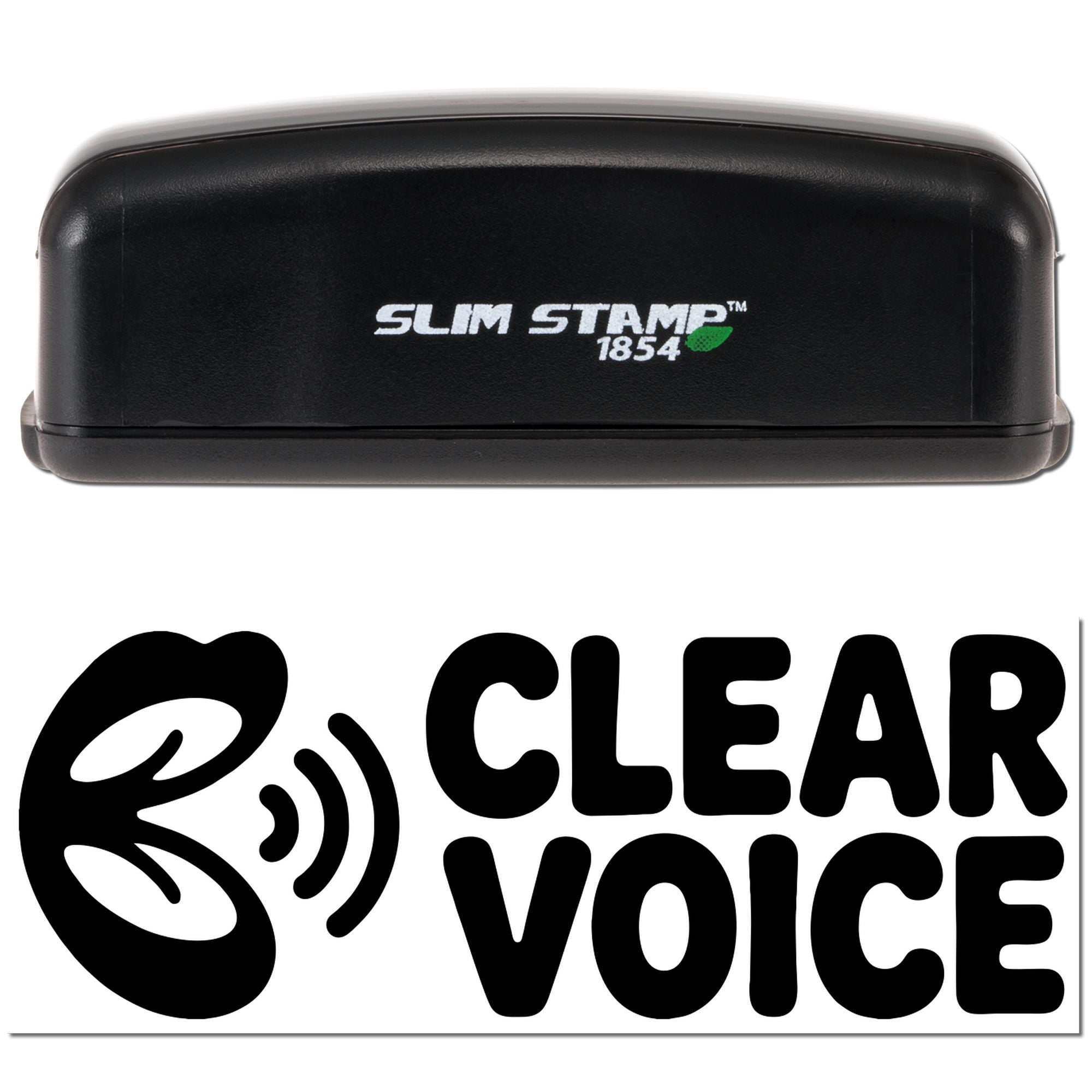 Black Slim Stamp 1854 self-inking stamp with Clear Voice seal logo on a white background