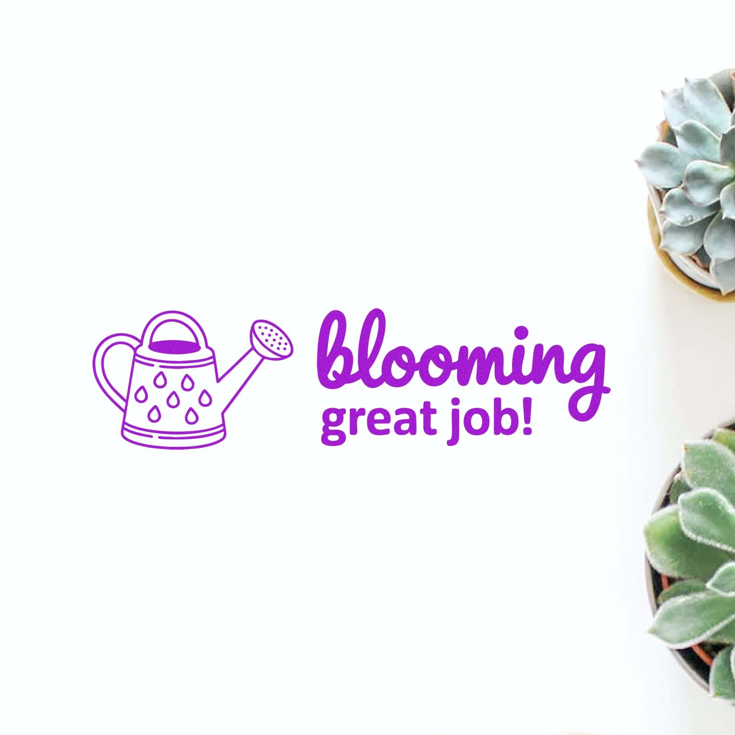 Purple stamp seal with watering can icon and blooming great job! text, on white with succulents.