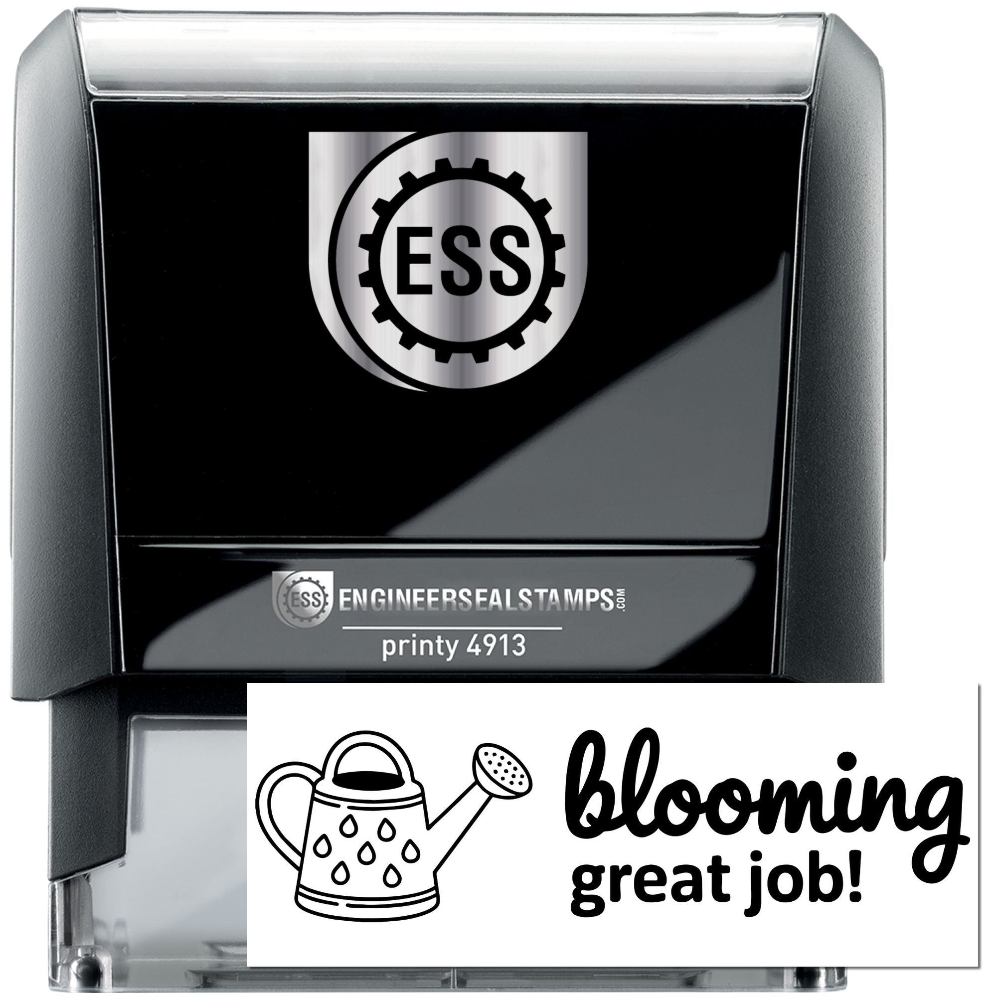 Black and gray self-inking engineer seal stamp with ESS logo, Printy 4913, and white blooming great job! impression card.