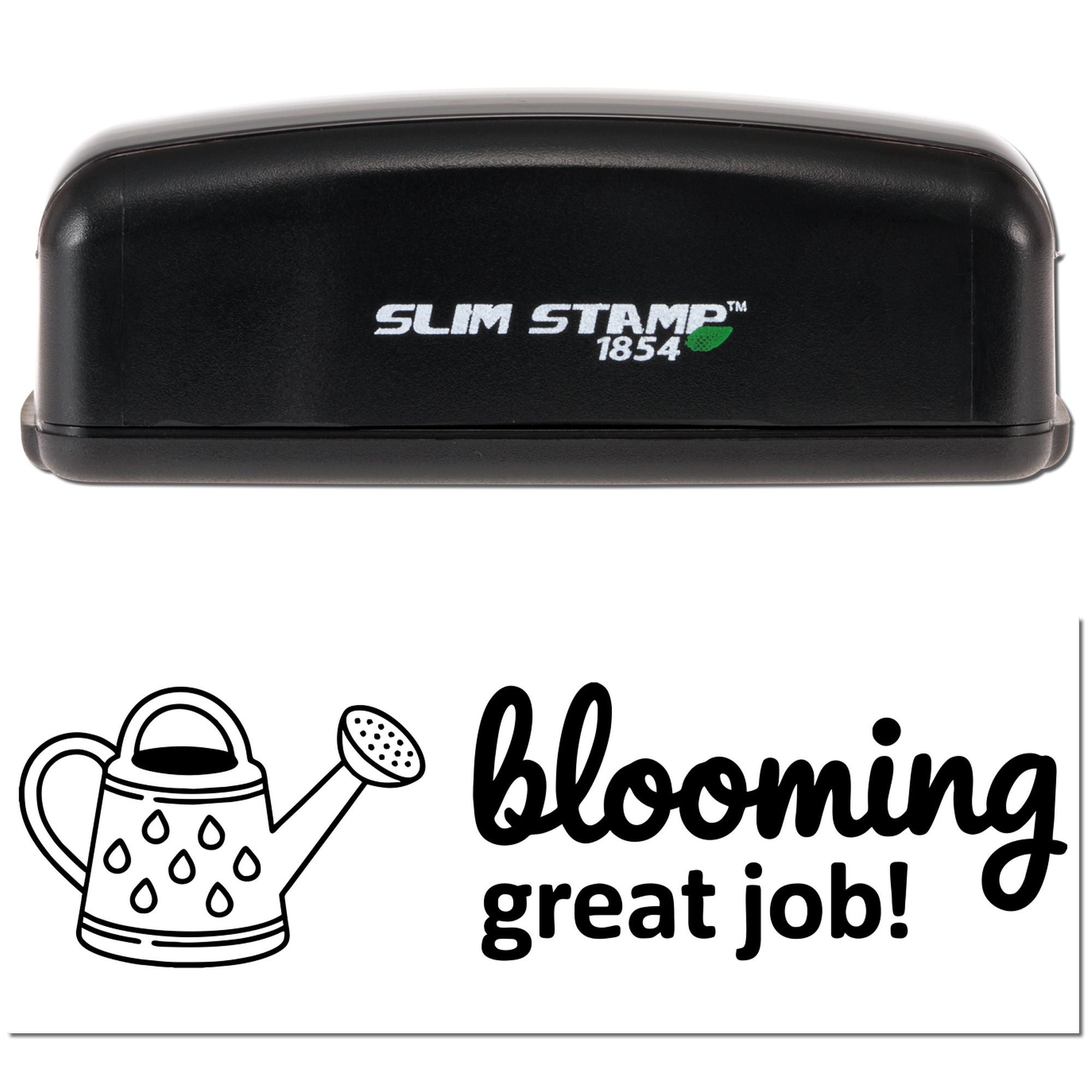 Black Slim Stamp 1854 self-inking stamp and blooming great job seal with watering can graphic on white background.