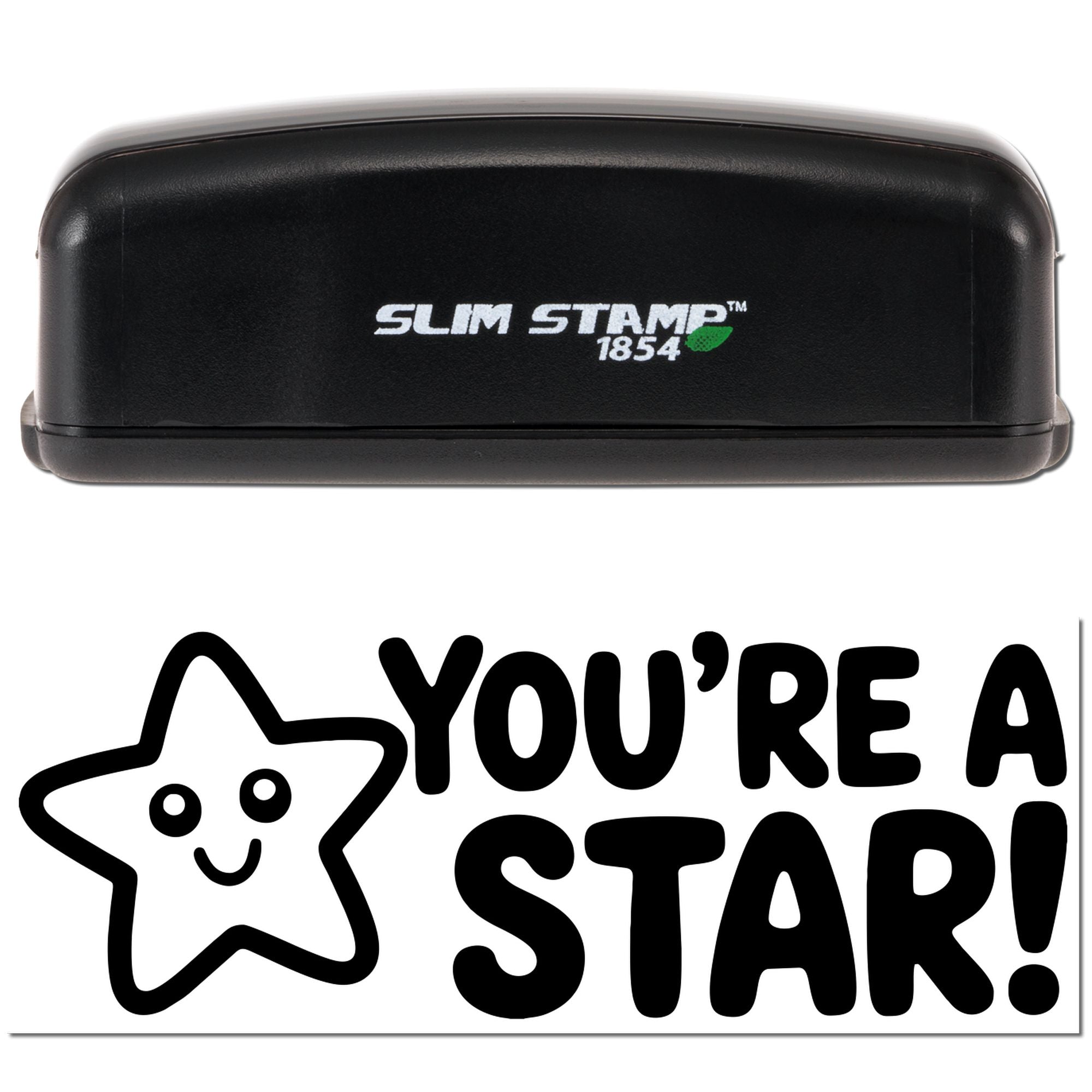Black Slim Stamp 1854 stamp and seal with green leaf logo and bold "You're a star!" imprint