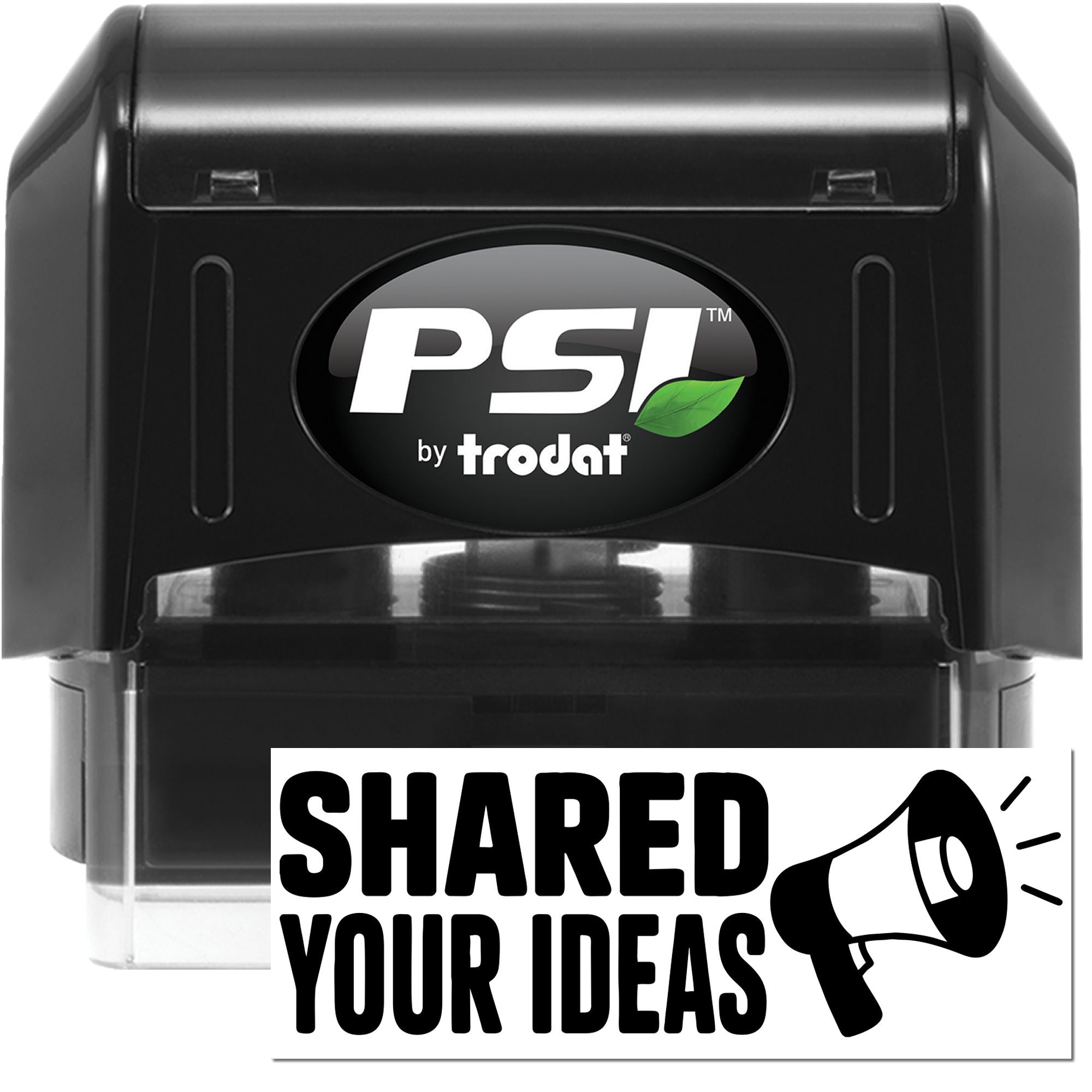 Black PSI by Trodat self-inking stamp and seal, black casing with green leaf logo and clear base.