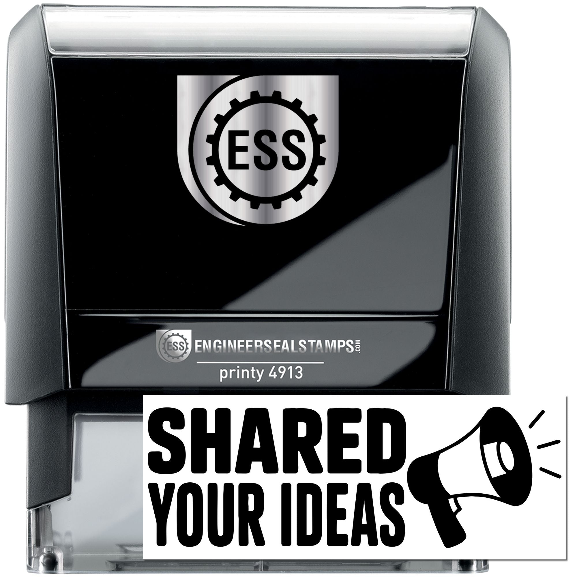 Black self-inking rectangular engineer seal stamp with silver ESS logo and Shared Your Ideas text