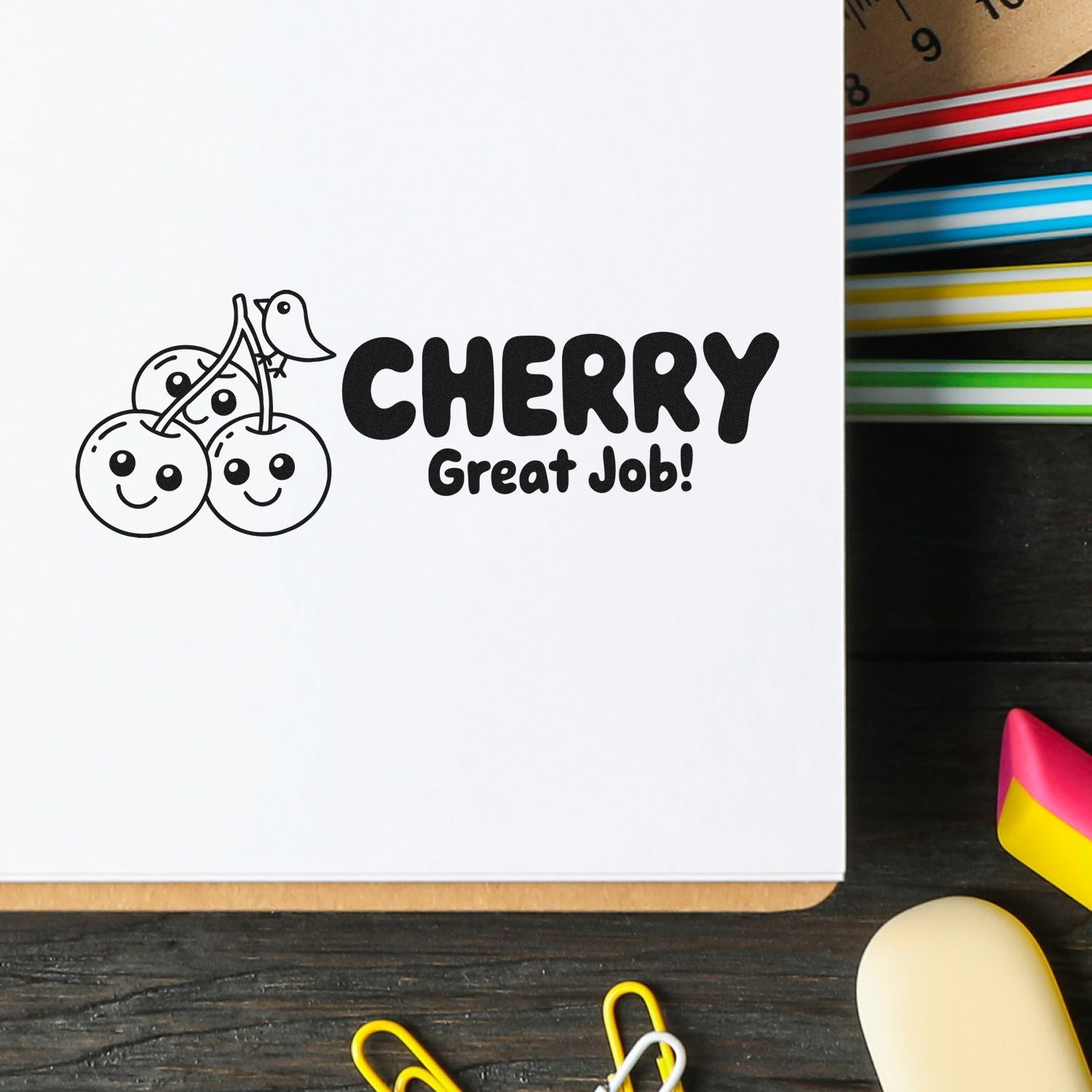 Black cherry-themed rubber stamp reading CHERRY Great Job! with smiling cherries, plus colorful seal ink pads.