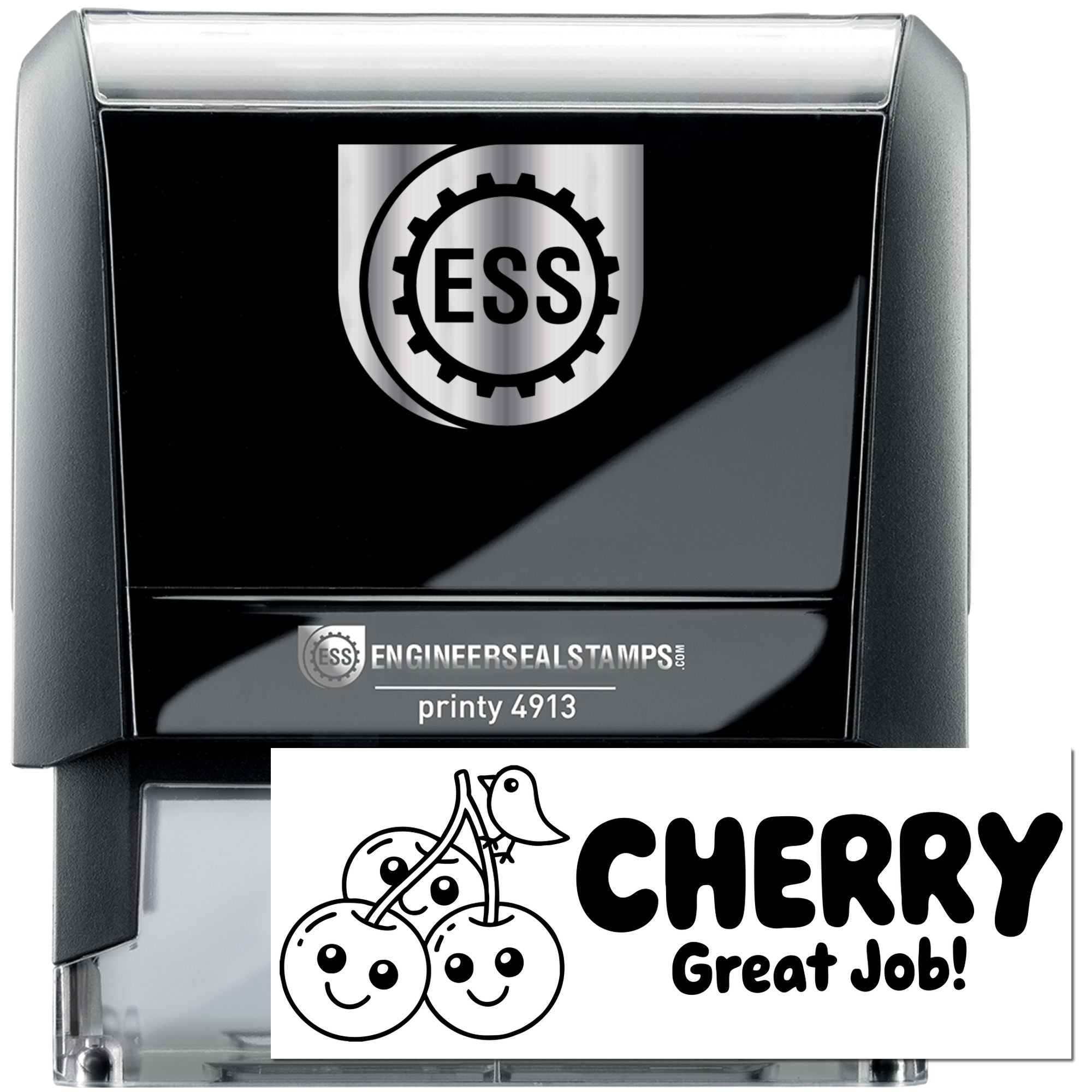 Black and gray self-inking stamp and seal with ESS logo and cherry Great Job! design insert.