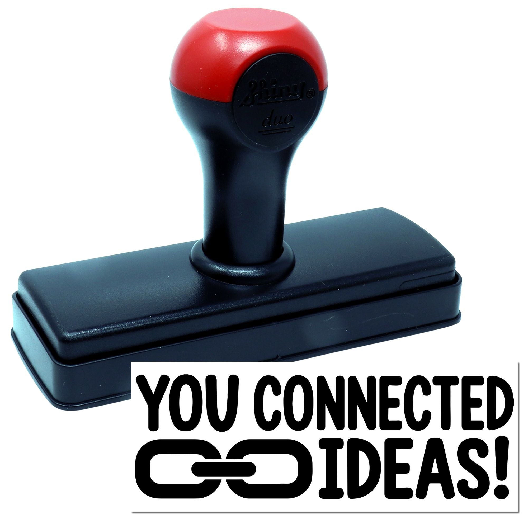Red and black self-inking stamp and seal with rectangular base and You Connected Ideas! branding.